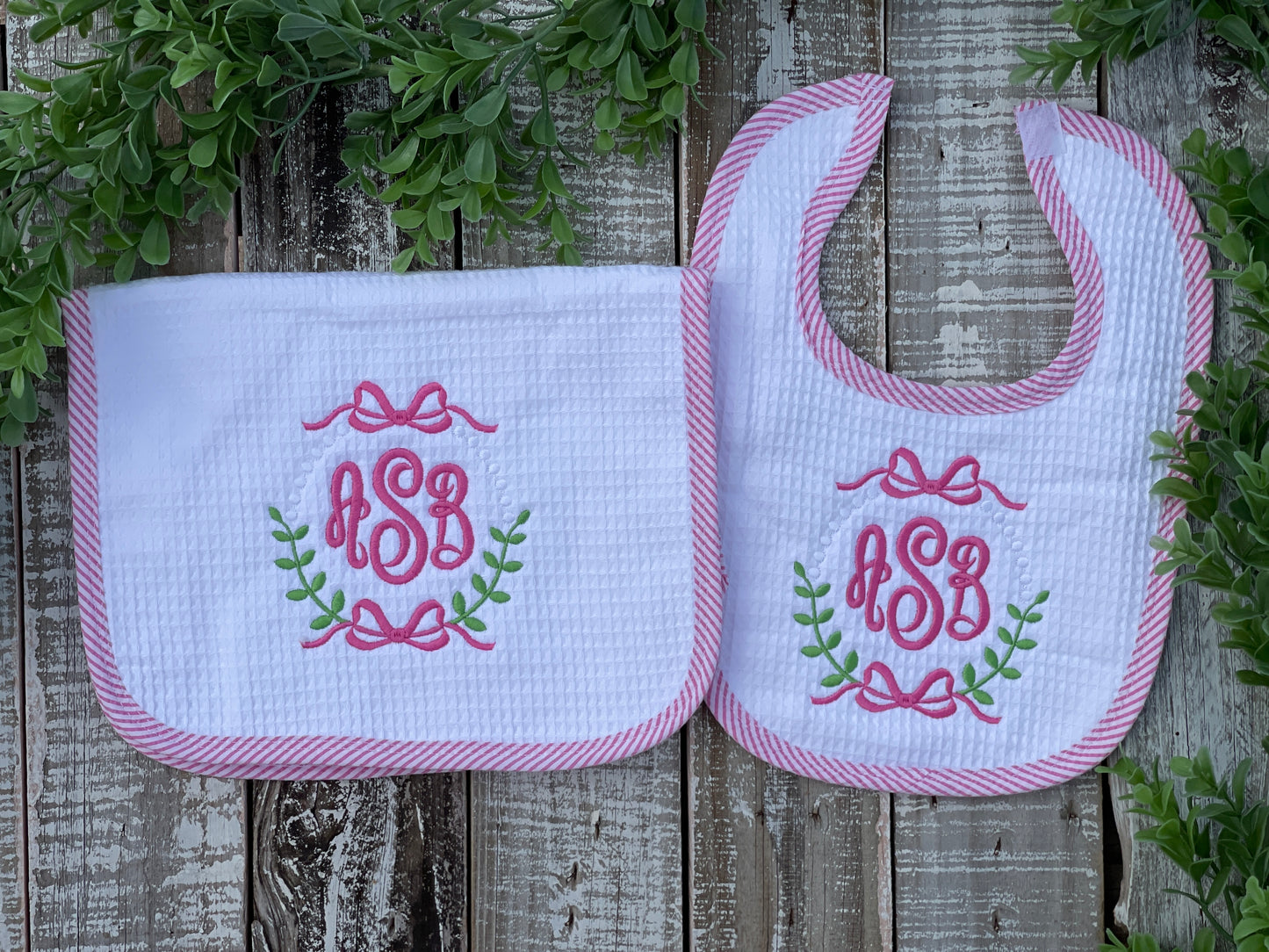 Custom Embroidered, Personalized, Monogrammed Bib, Burp, and/or Blanket Set