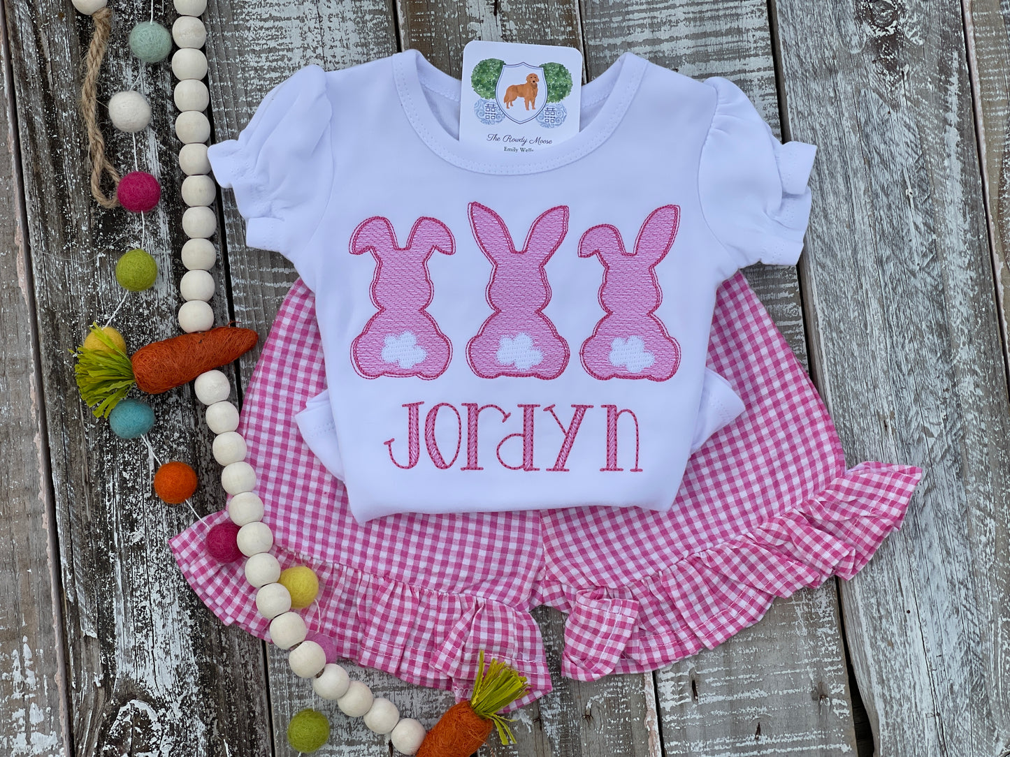 Custom Embroidered, Monogrammed, Personalized Bunny Trio Sketch Ruffle Shirt and Pink Seersucker Gingham Short Set