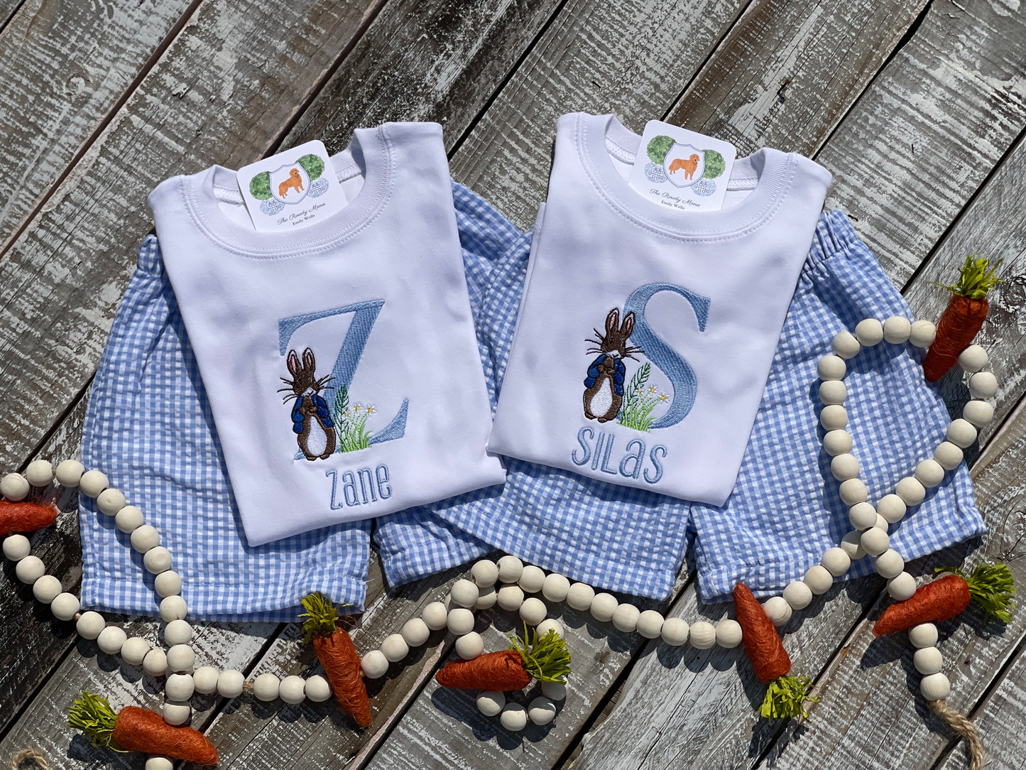 Custom Embroidered, Monogrammed, Personalized Peter Rabbit Letter Shirt and Blue Seersucker Gingham Short Set