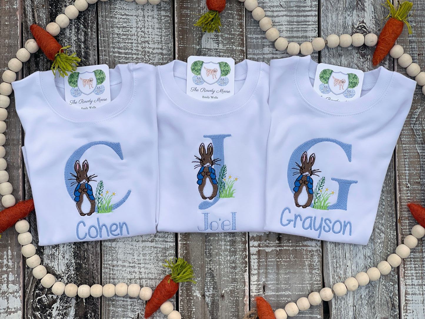 Custom Embroidered, Monogrammed, Personalized Peter Rabbit Letter Shirt and Blue Seersucker Gingham Short Set