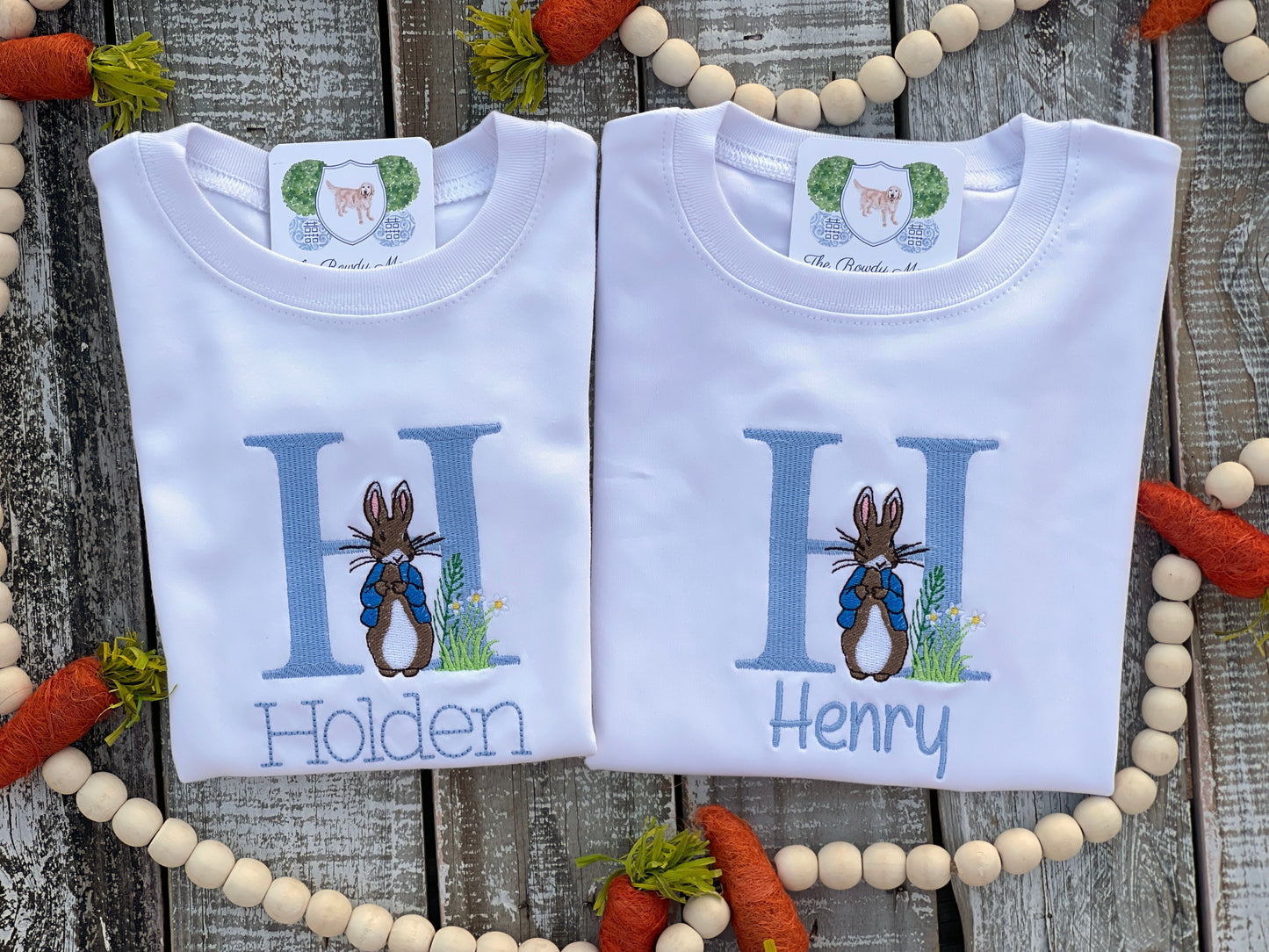 Custom Embroidered, Monogrammed, Personalized Peter Rabbit Letter Shirt and Blue Seersucker Gingham Short Set