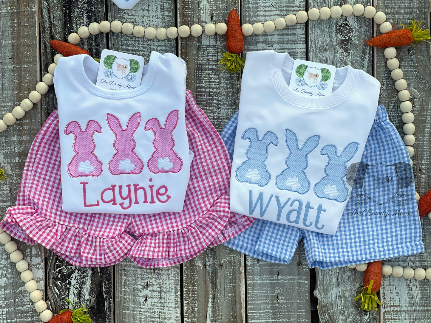Custom Embroidered, Monogrammed, Personalized Bunny Trio Sketch Ruffle Shirt and Pink Seersucker Gingham Short Set