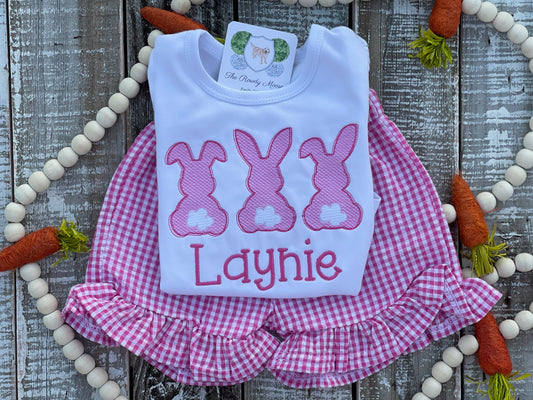 Custom Embroidered, Monogrammed, Personalized Bunny Trio Sketch Ruffle Shirt and Pink Seersucker Gingham Short Set