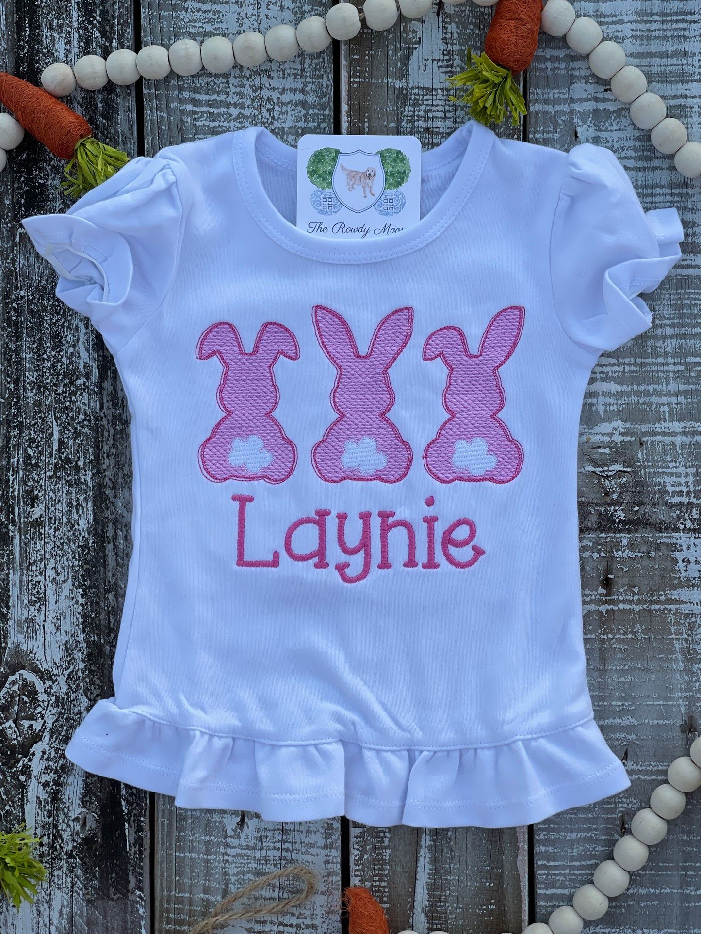 Custom Embroidered, Monogrammed, Personalized Bunny Trio Sketch Ruffle Shirt and Pink Seersucker Gingham Short Set