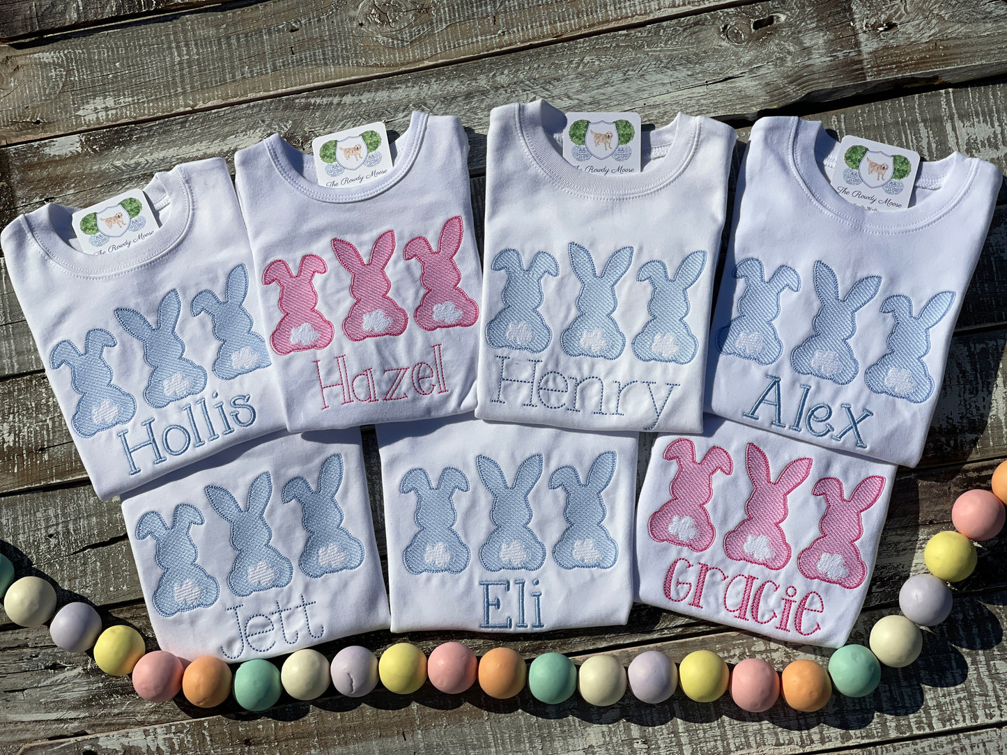 Custom Embroidered, Monogrammed, Personalized Bunny Trio Sketch Ruffle Shirt and Pink Seersucker Gingham Short Set