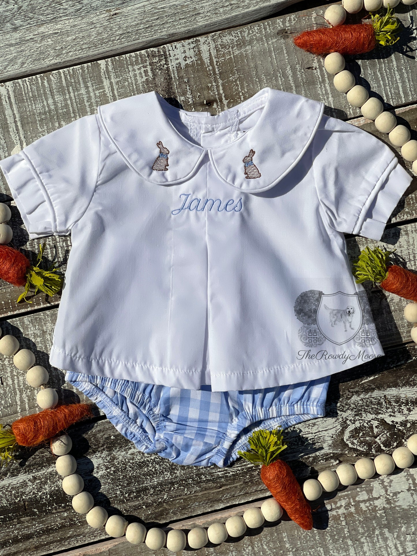 Custom Embroidered, Monogrammed, Personalized Spring Mini Pleated Peter Pan Collar Shirt and Diaper Cover Set