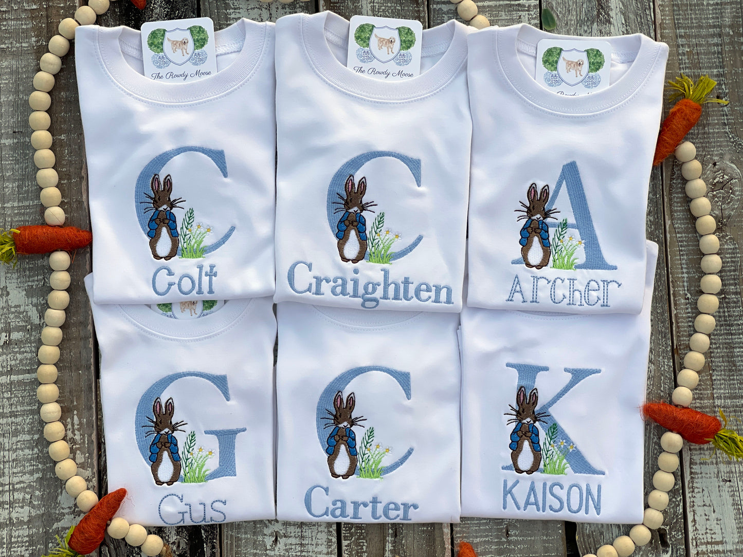 Custom Embroidered, Monogrammed, Personalized Peter Rabbit Letter Shirt and Blue Seersucker Gingham Short Set