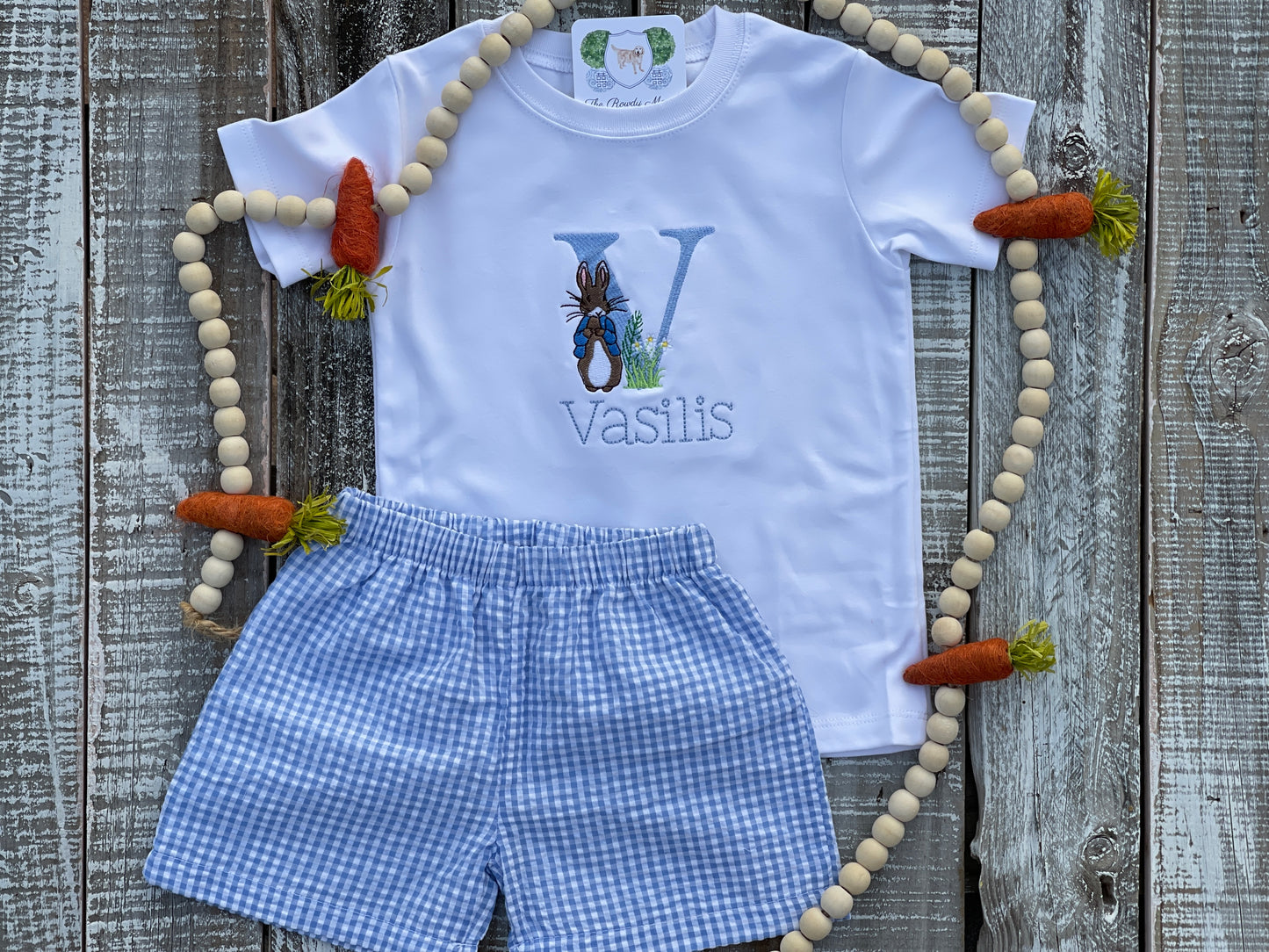 Custom Embroidered, Monogrammed, Personalized Peter Rabbit Letter Shirt and Blue Seersucker Gingham Short Set