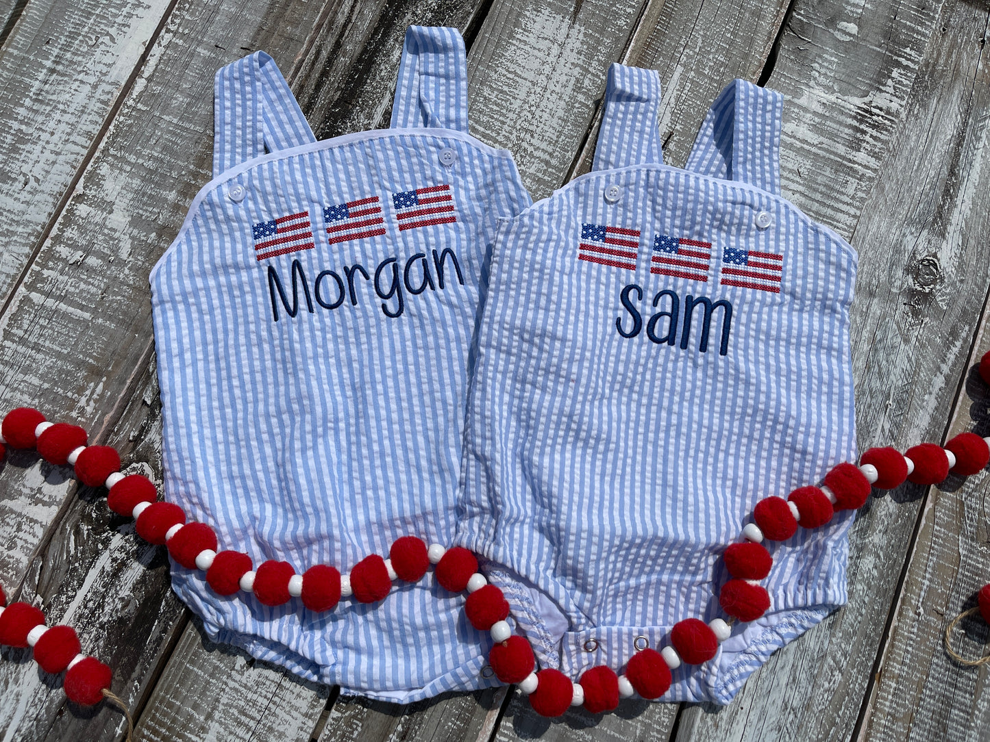 Custom, Embroidered, Monogrammed, Personalized American Flag Cross Stitch Trio Light Blue Seersucker Bubble, Jon Jon, Flutter Dress, Shirt and Short Set