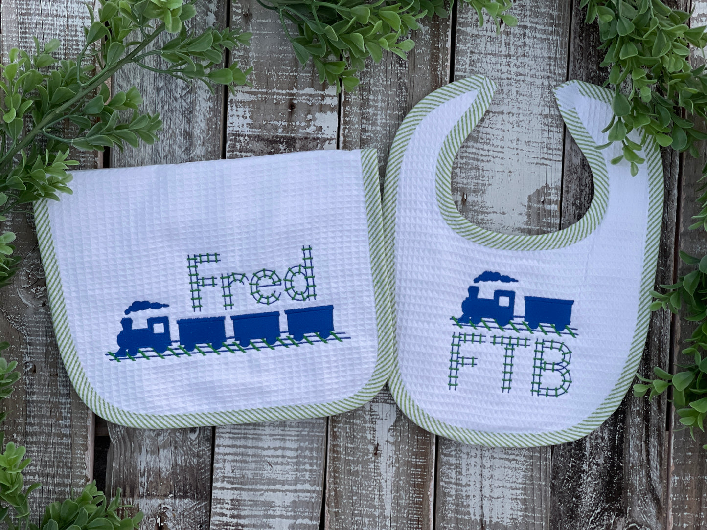 Custom Embroidered, Personalized, Monogrammed Bib, Burp, and/or Blanket Set