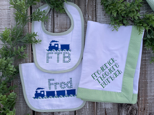 Custom Embroidered, Personalized, Monogrammed Bib, Burp, and/or Blanket Set