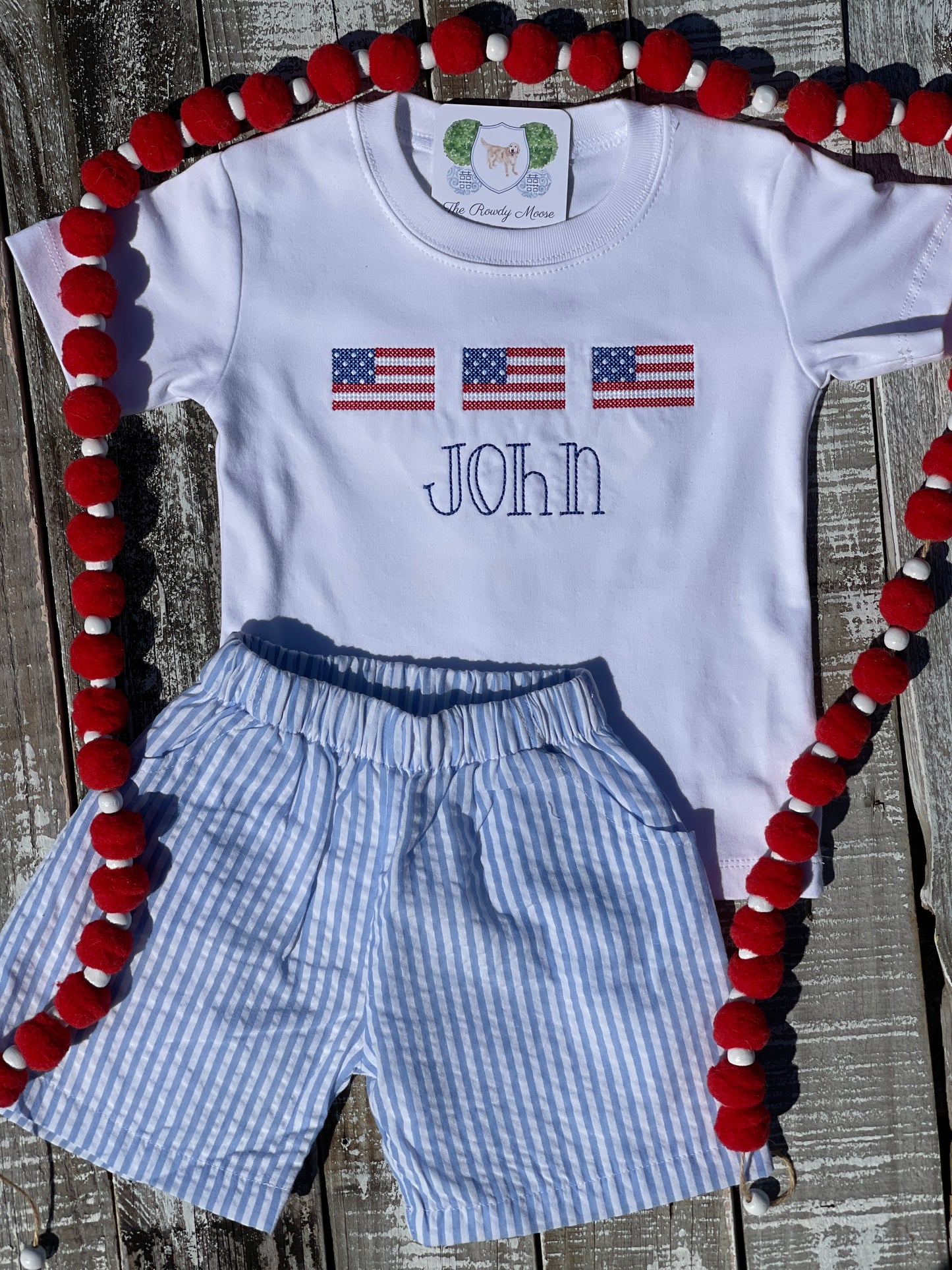 Custom, Embroidered, Monogrammed, Personalized American Flag Cross Stitch Trio Light Blue Seersucker Bubble, Jon Jon, Flutter Dress, Shirt and Short Set