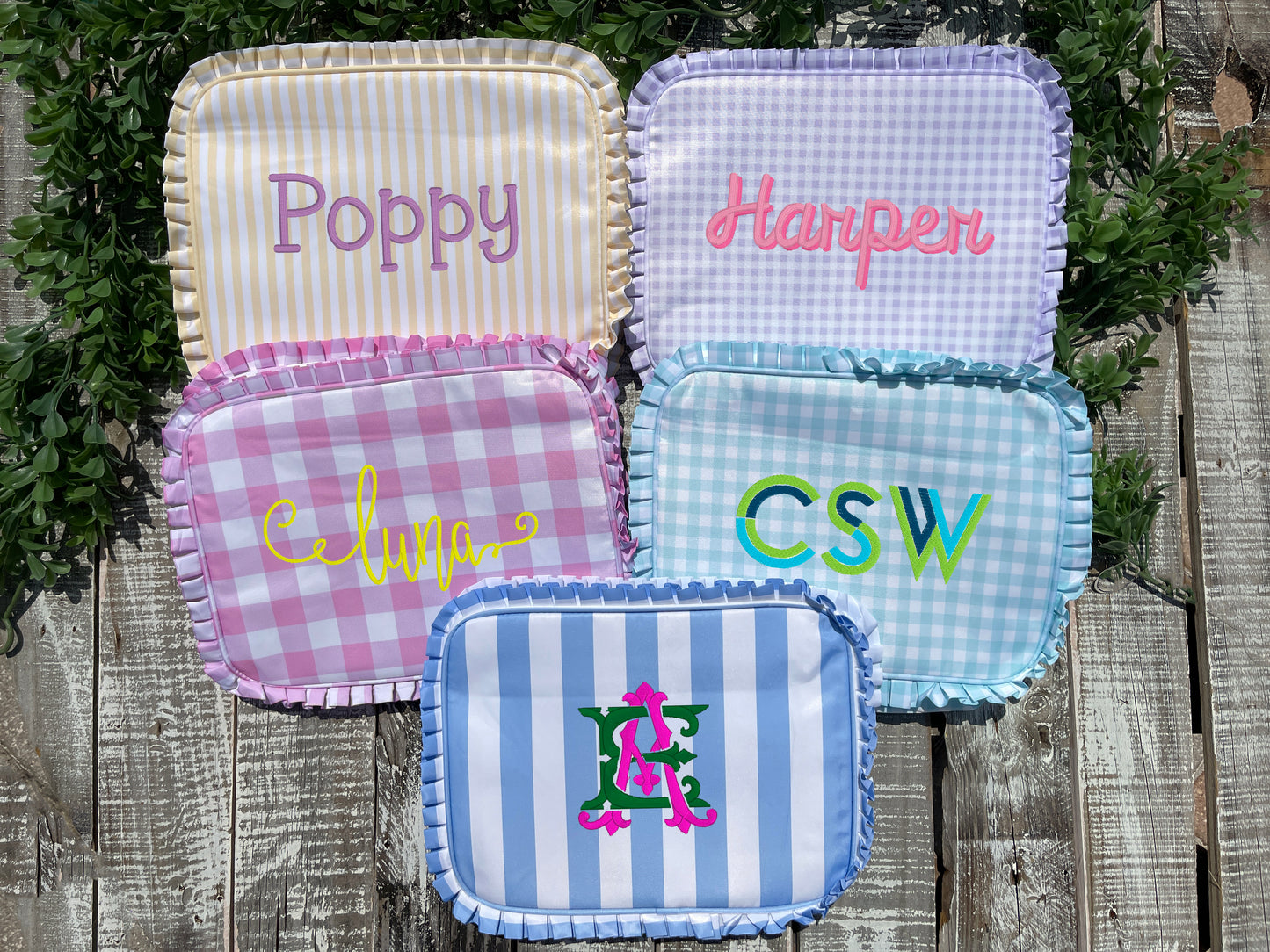 Custom Embroidered, Monogrammed, Personalized Ruffle Cosmetic Bag