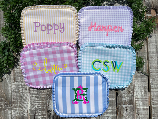 Custom Embroidered, Monogrammed, Personalized Ruffle Cosmetic Bag