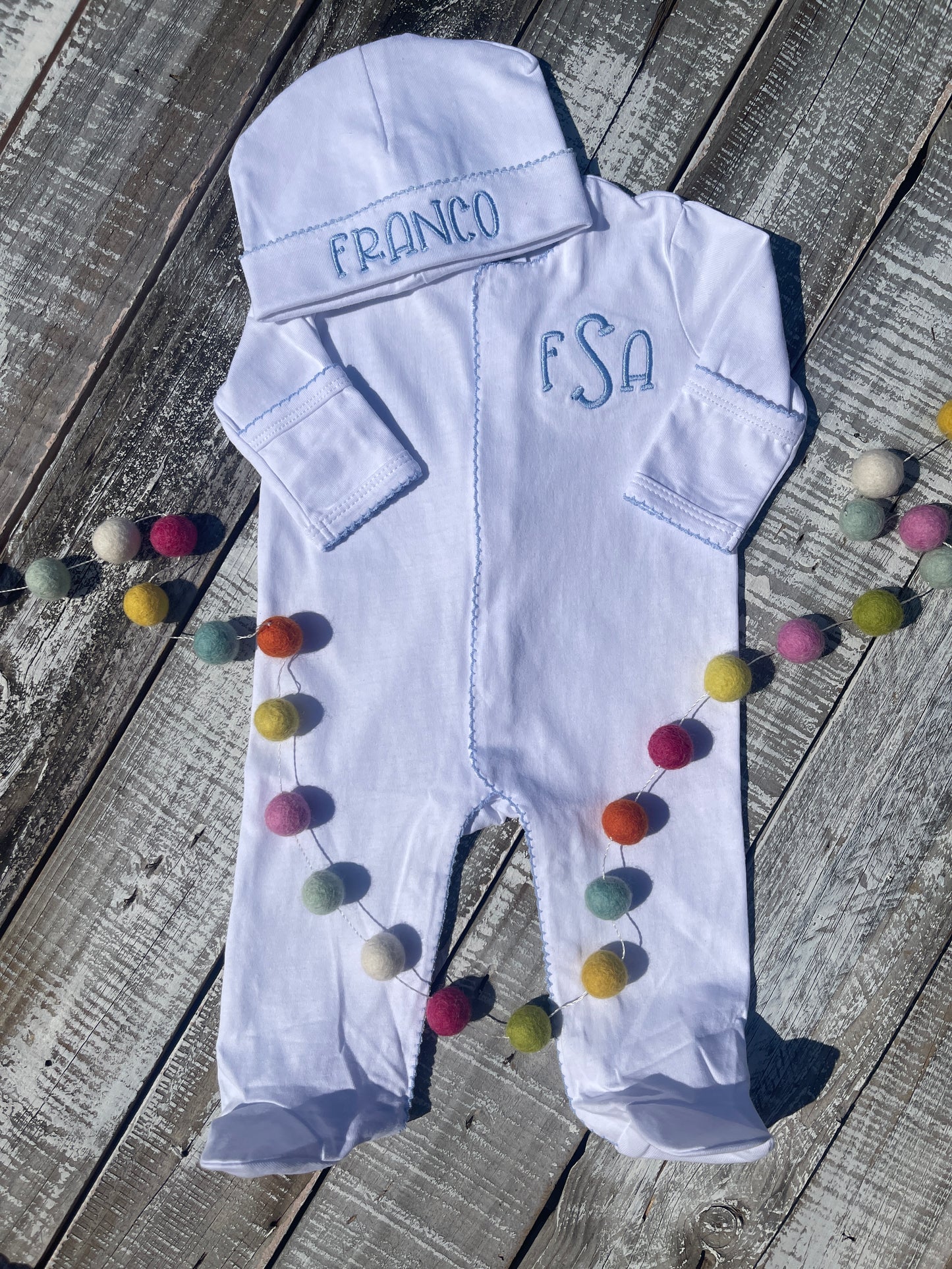 Custom Embroidered, Personalized, Monogrammed Picot Baby Footie, Hat, and Blanket