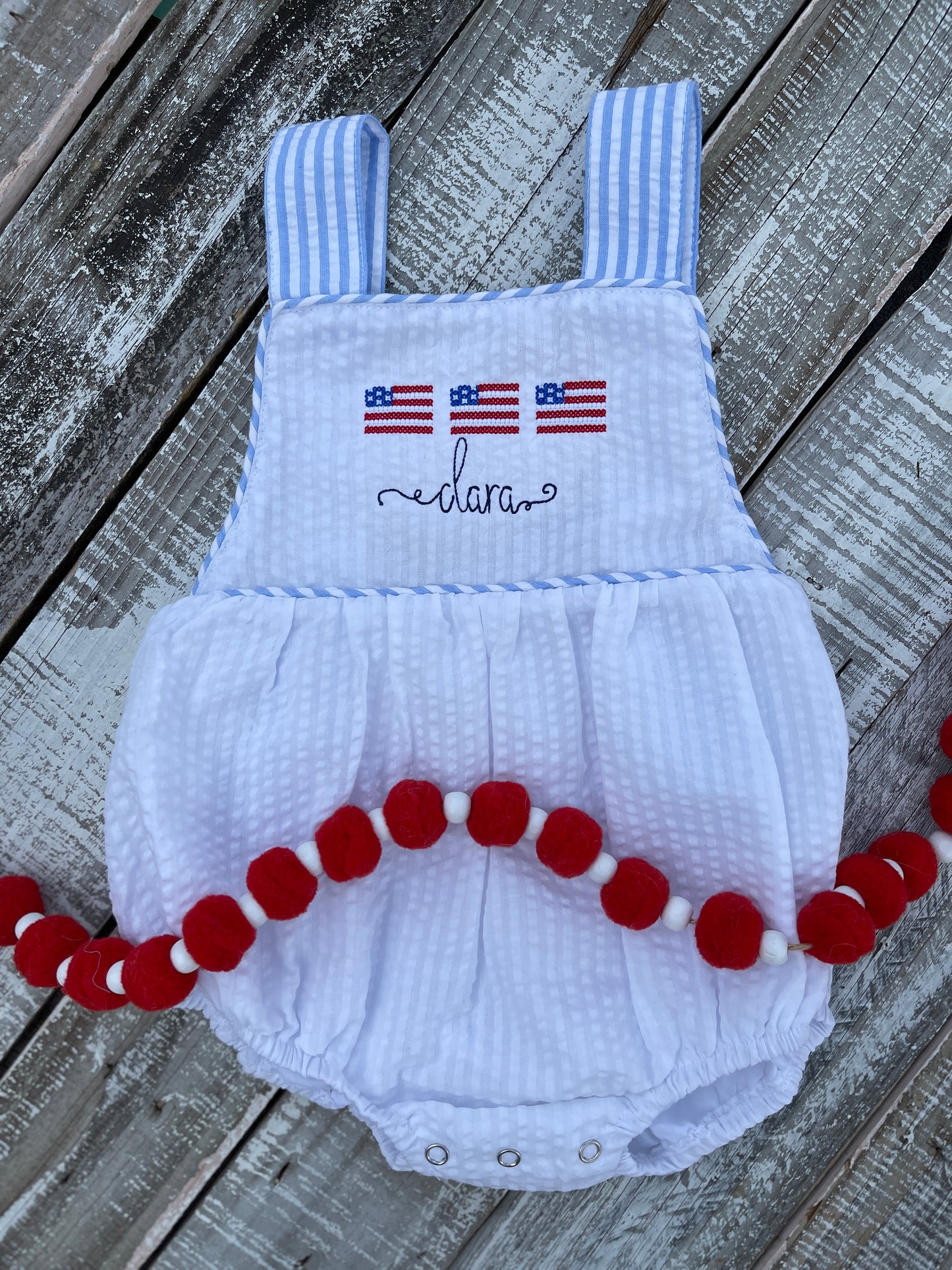 Custom Embroidered, Monogrammed, Personalized American Flag Cross Stitch Trio Seersucker Bubble with Seersucker Trim