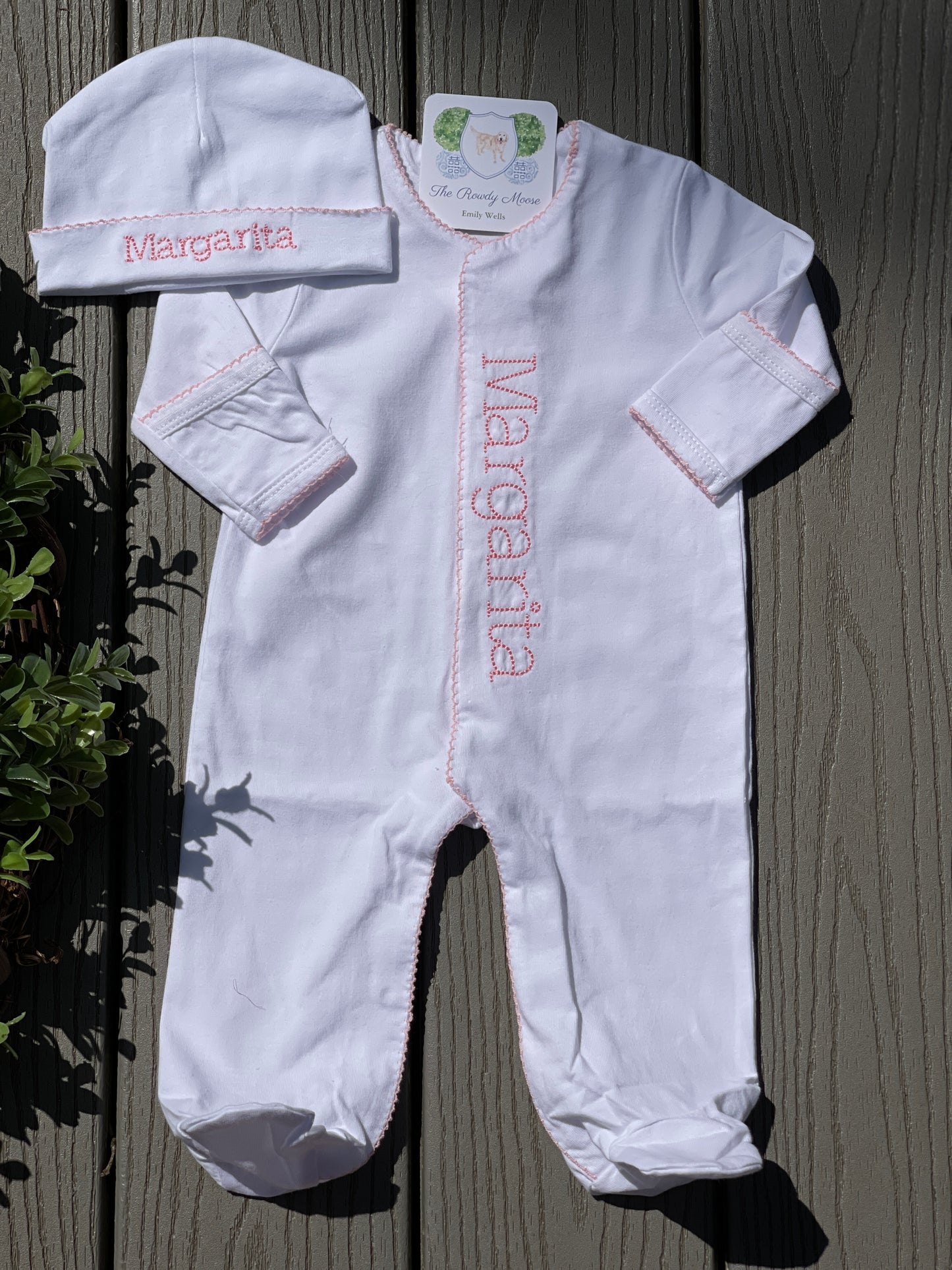 Custom Embroidered, Personalized, Monogrammed Picot Baby Footie, Hat, and Blanket