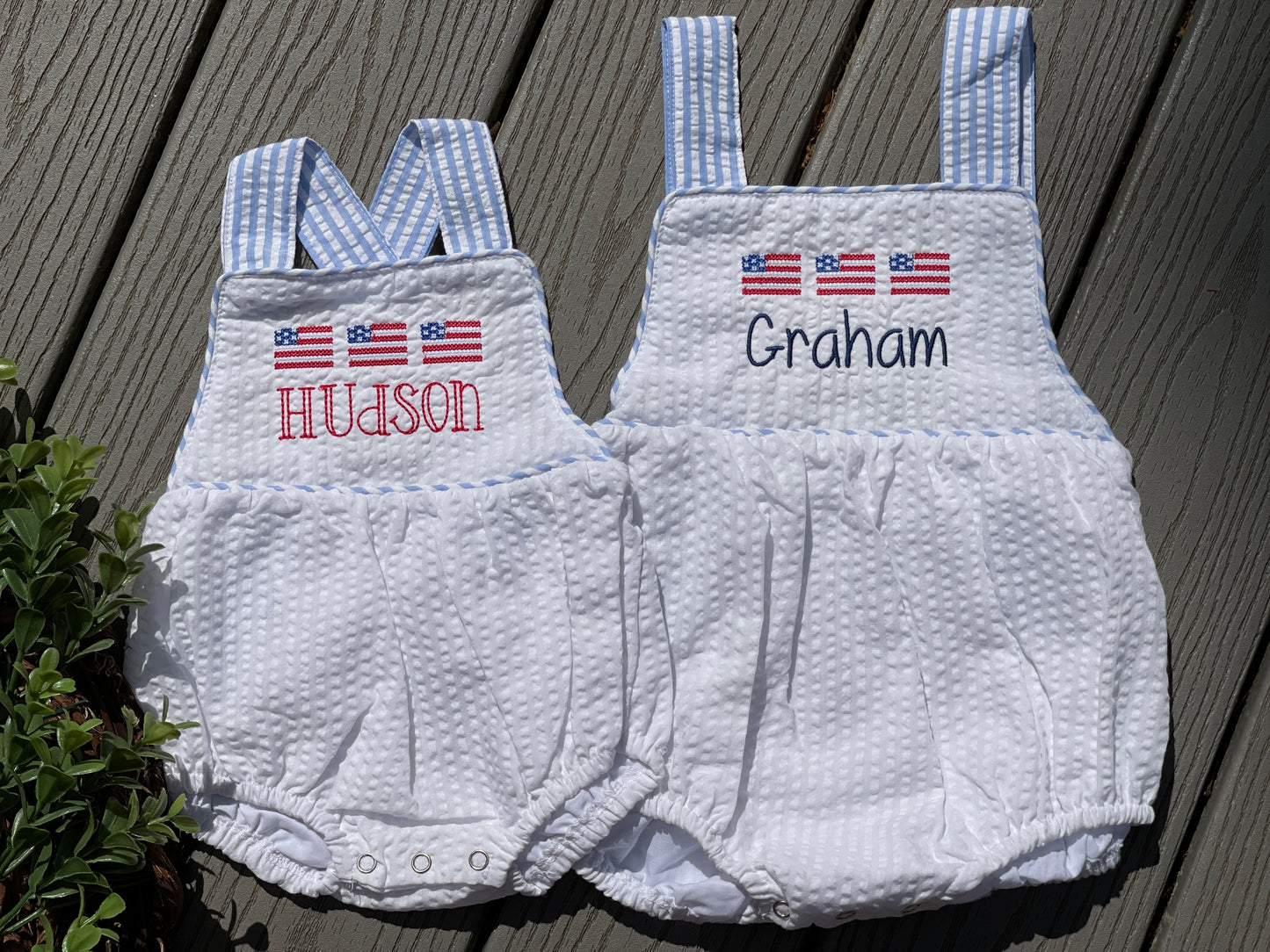 Custom Embroidered, Monogrammed, Personalized American Flag Cross Stitch Trio Seersucker Bubble with Seersucker Trim