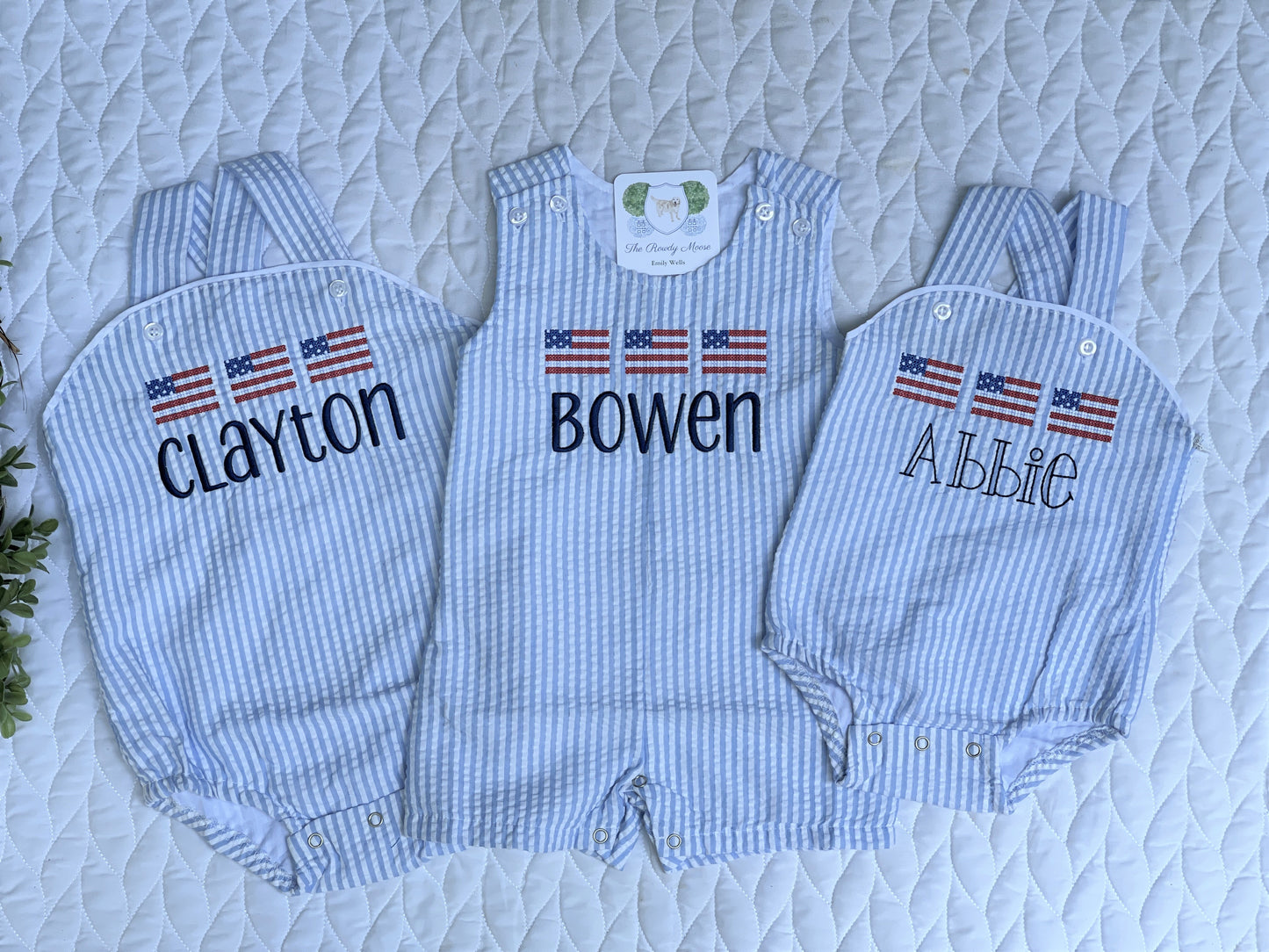 Custom, Embroidered, Monogrammed, Personalized American Flag Cross Stitch Trio Light Blue Seersucker Bubble, Jon Jon, Flutter Dress, Shirt and Short Set