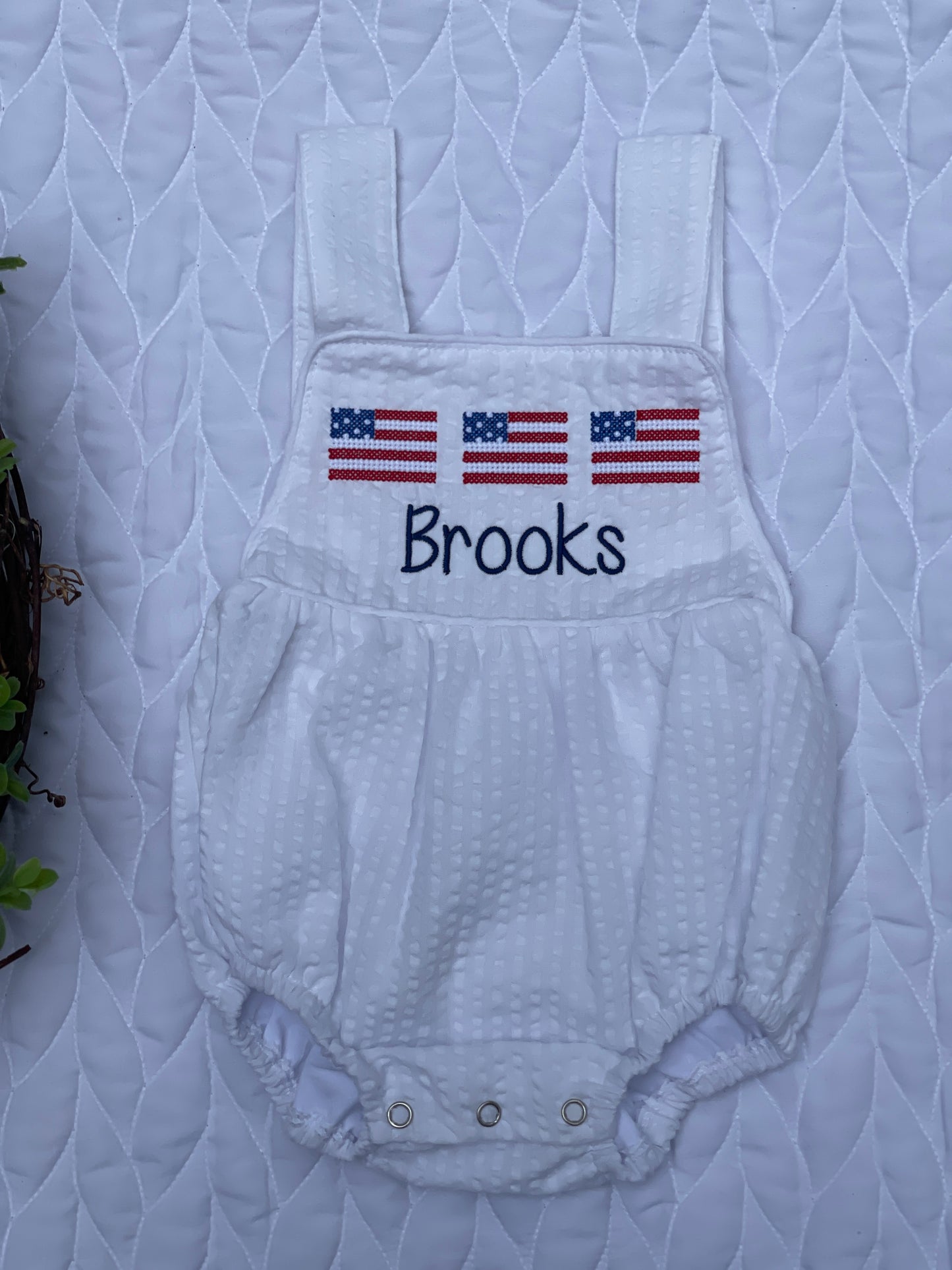 Custom Embroidered, Monogrammed, Personalized American Flag Cross Stitch Trio Seersucker Bubble with Seersucker Trim