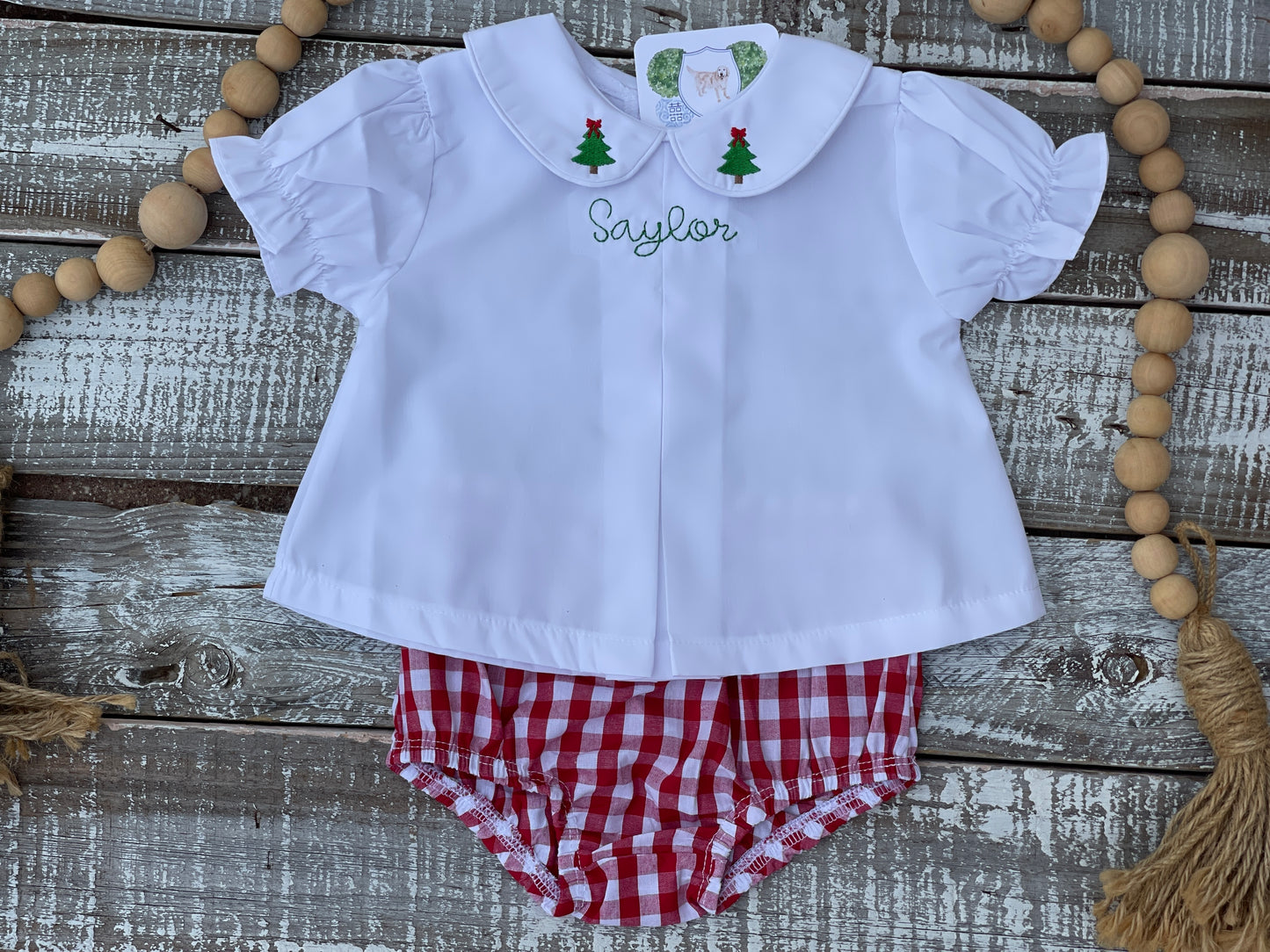 Custom Embroidered, Monogrammed, Personalized Chest, Christmas Mini Pleated Peter Pan Collar Shirt and Diaper Cover Set