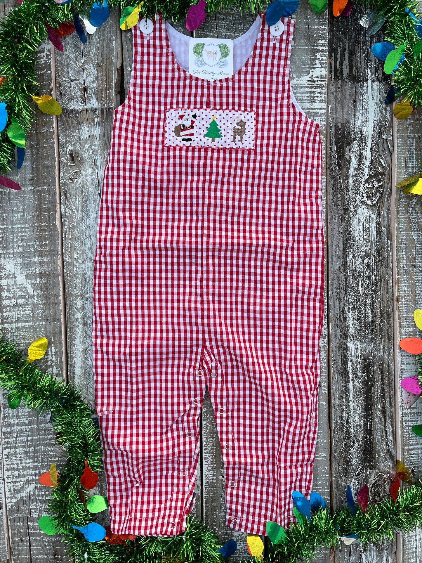 Custom Embroidered, Santa, Tree, Reindeer Trio Applique Red Gingham Jumper Dress, Longall, Shirt, Shirt & Pant Set