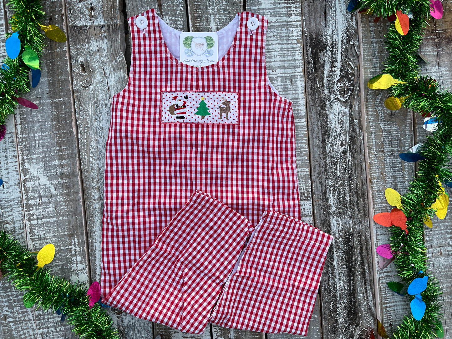 Custom Embroidered, Santa, Tree, Reindeer Trio Applique Red Gingham Jumper Dress, Longall, Shirt, Shirt & Pant Set