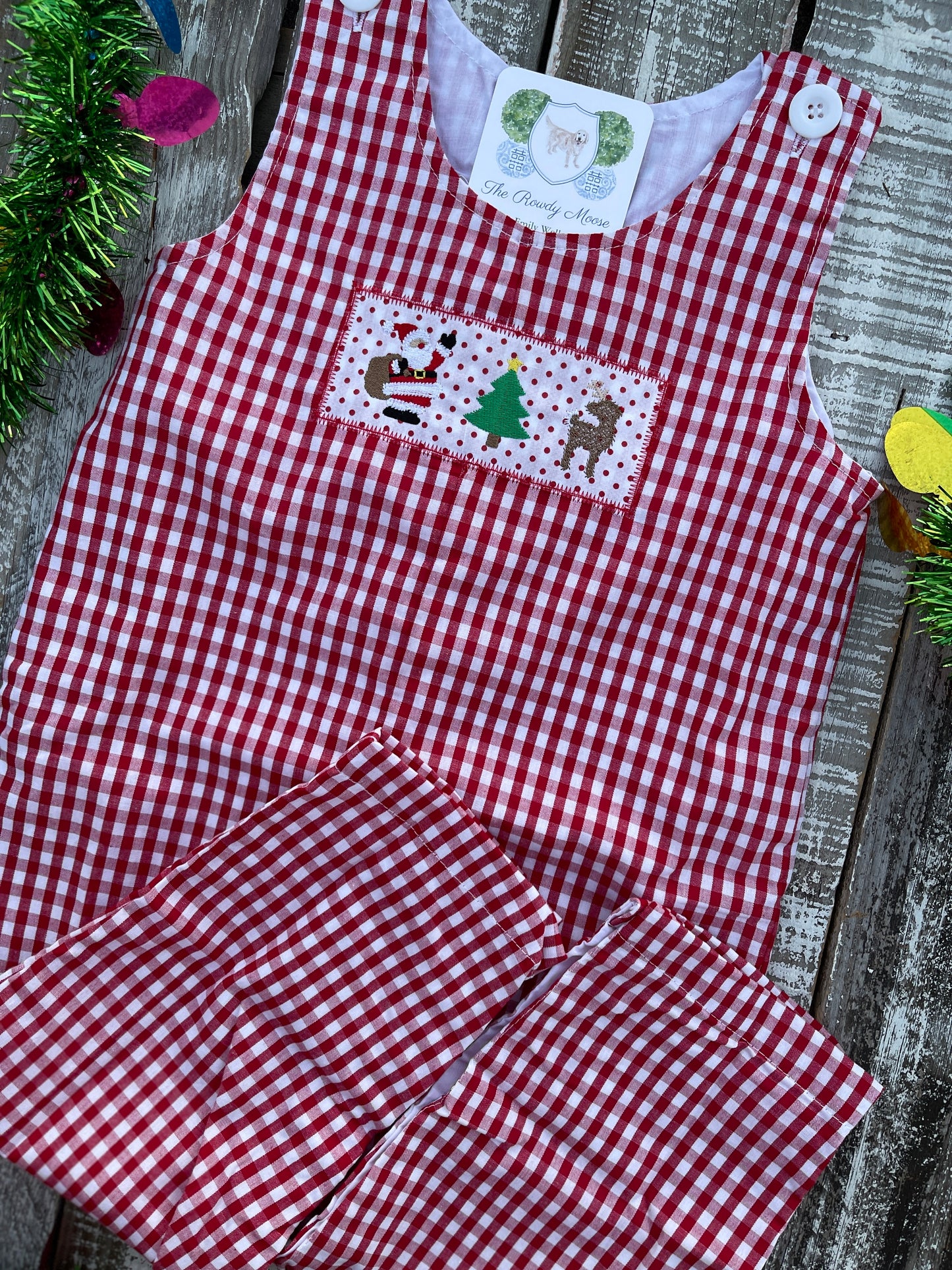 Custom Embroidered, Santa, Tree, Reindeer Trio Applique Red Gingham Jumper Dress, Longall, Shirt, Shirt & Pant Set