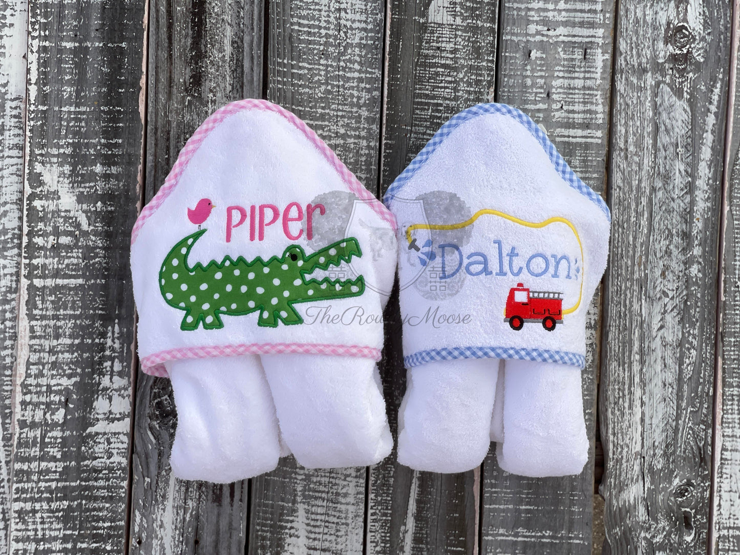 Baby Boy, Baby Girl Monogrammed Gingham Trim Hooded Towel, Custom, Personalized Bath Towel, Gingham Towel, Swim Towel, Baby Hooded Towel