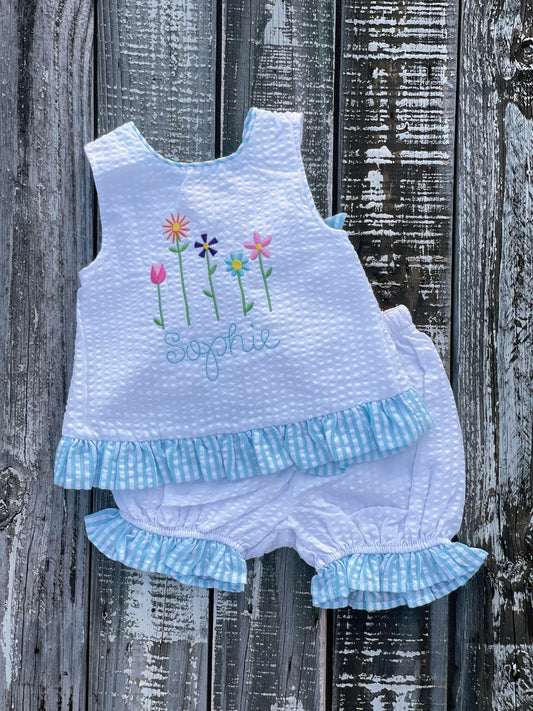 Custom Embroidered, Personalized, Monogrammed Wildflower Ruffle Seersucker Swing Set