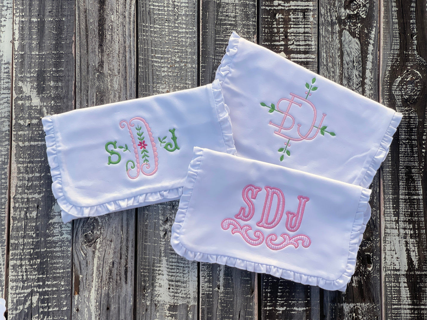 Custom Embroidered, Personalized, Monogrammed Bib, Burp, and/or Blanket Set