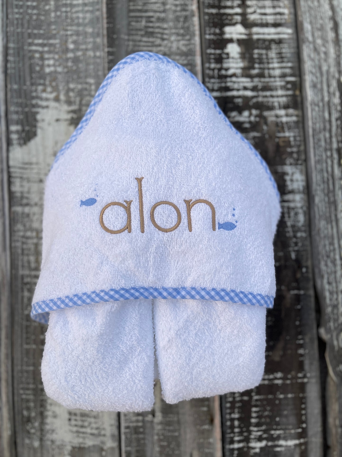 Custom Embroidered, Personalized, Monogrammed Blue or Pink Gingham Trim Hooded Towel