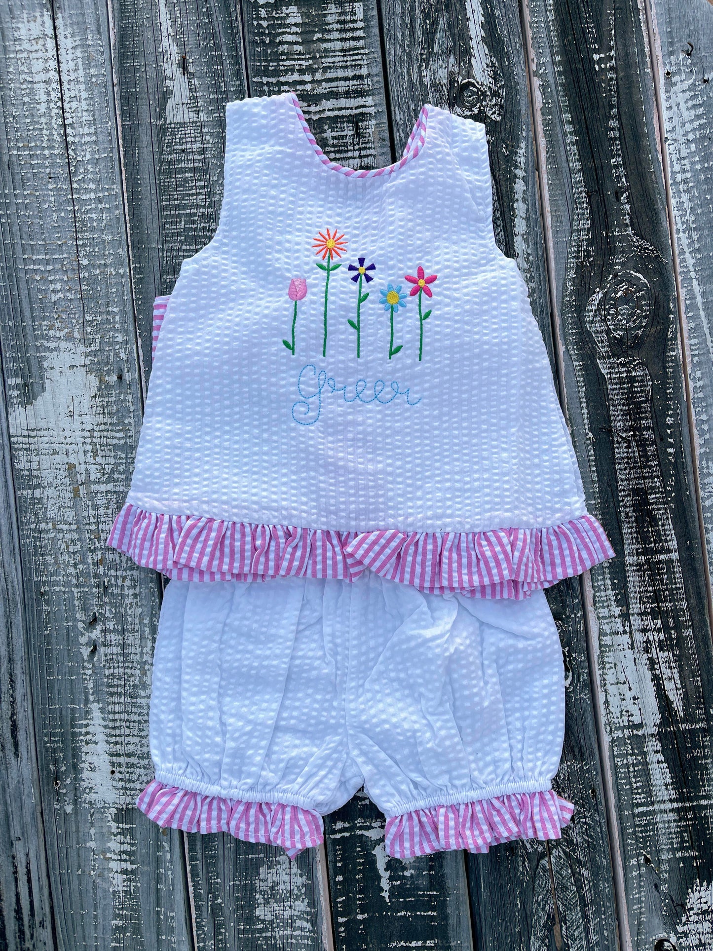 Custom Embroidered, Personalized, Monogrammed Wildflower Ruffle Seersucker Swing Set