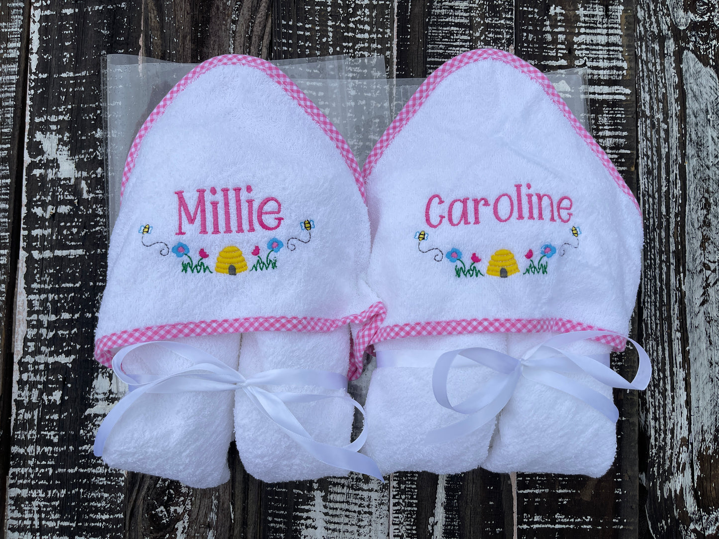 Custom Embroidered, Personalized, Monogrammed Blue or Pink Gingham Trim Hooded Towel
