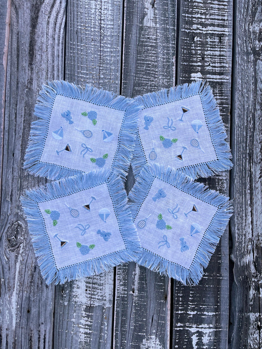 Custom Embroidered, Personalized, Monogrammed Fringe Linen Cocktail Napkin Set of 4