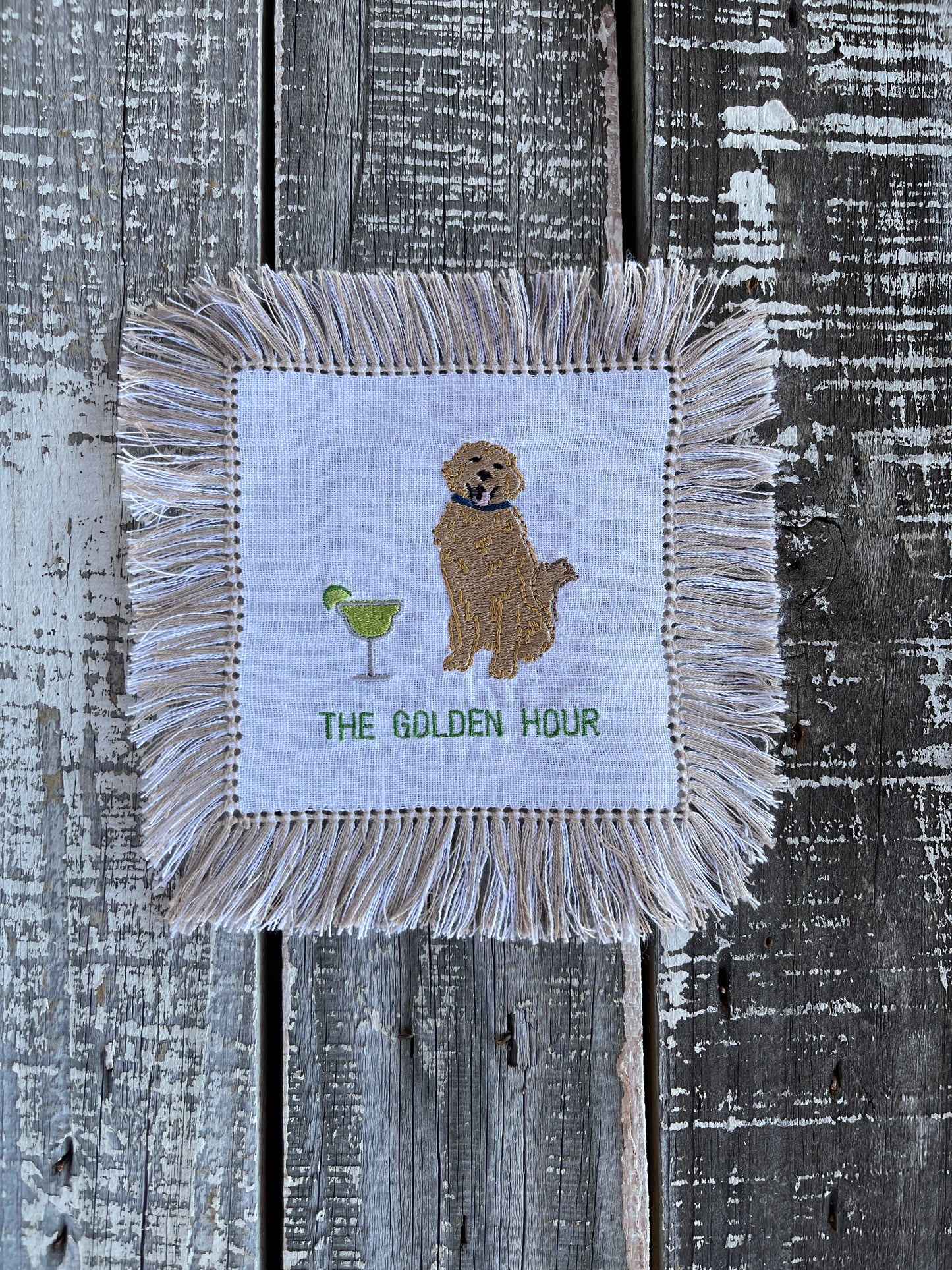 Custom Embroidered, Personalized, "The Golden Hour" Fringe Linen Cocktail Napkin Set of 4