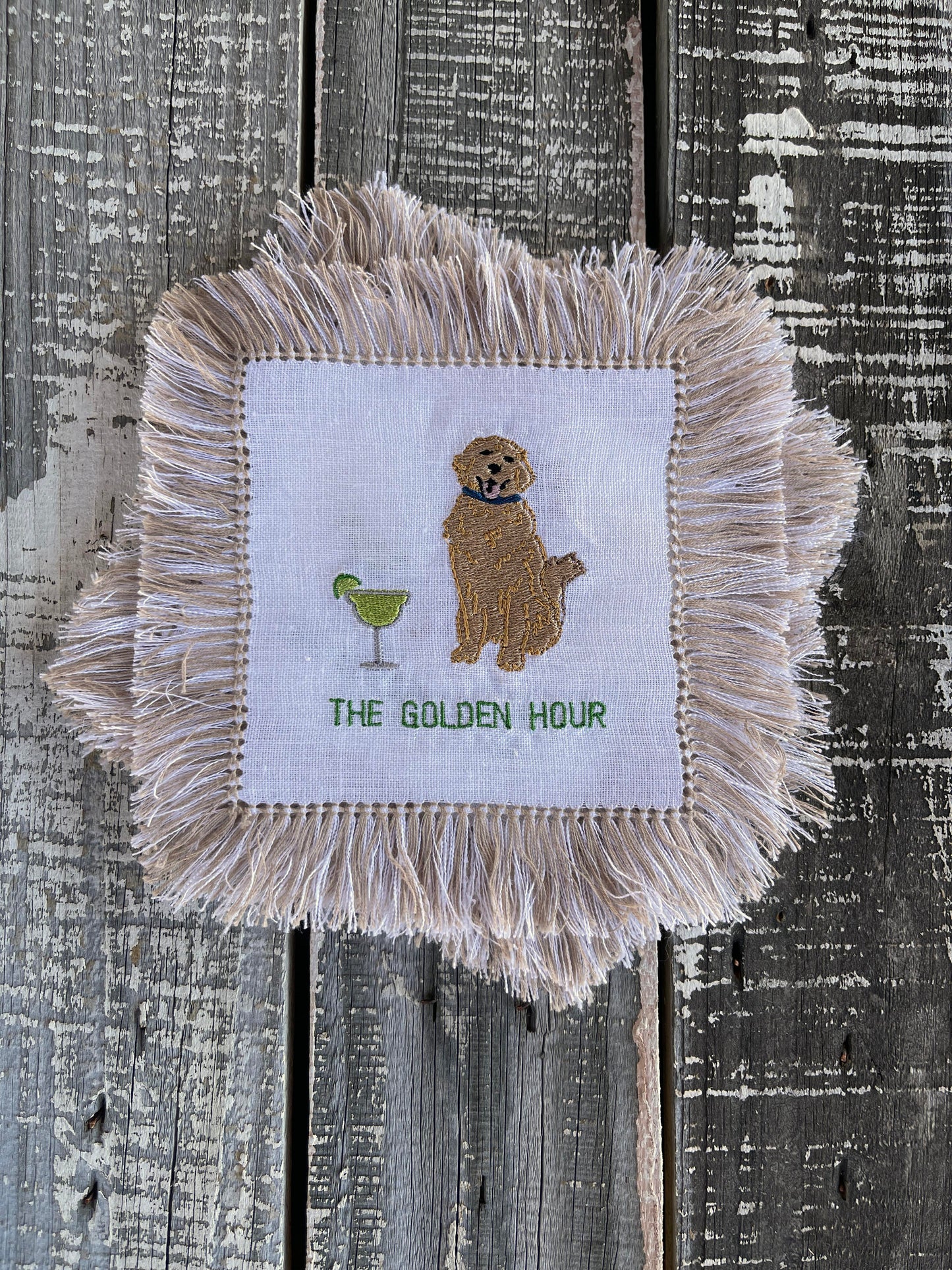 Custom Embroidered, Personalized, "The Golden Hour" Fringe Linen Cocktail Napkin Set of 4