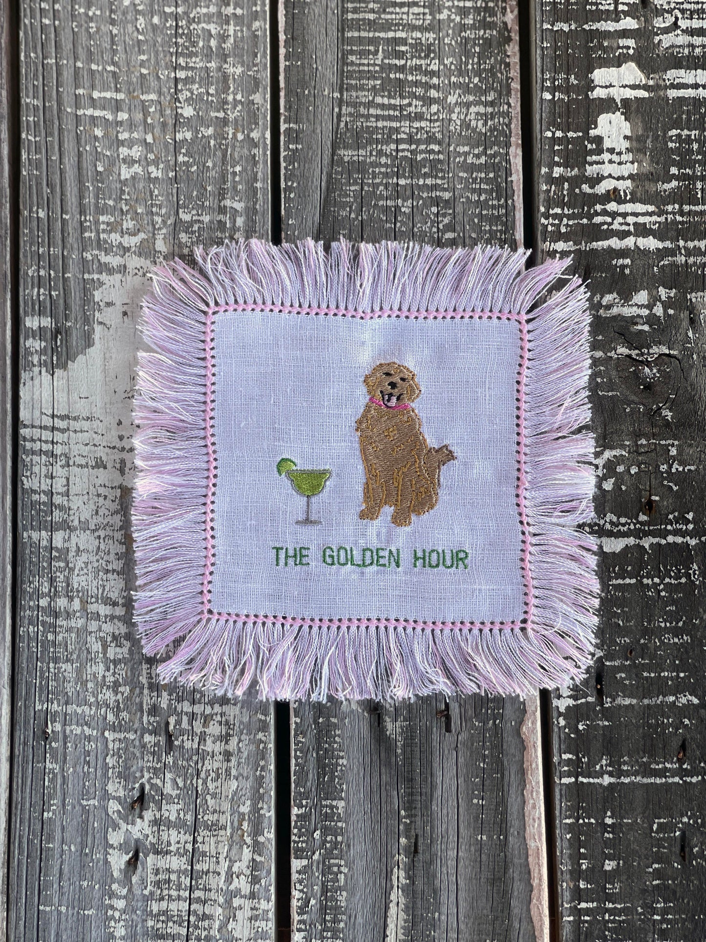 Custom Embroidered, Personalized, "The Golden Hour" Fringe Linen Cocktail Napkin Set of 4