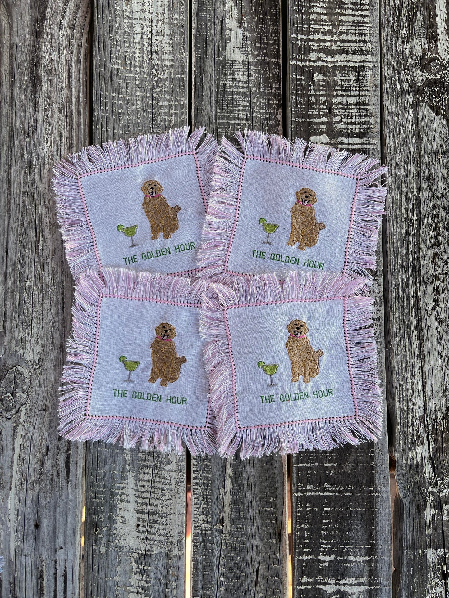 Custom Embroidered, Personalized, "The Golden Hour" Fringe Linen Cocktail Napkin Set of 4