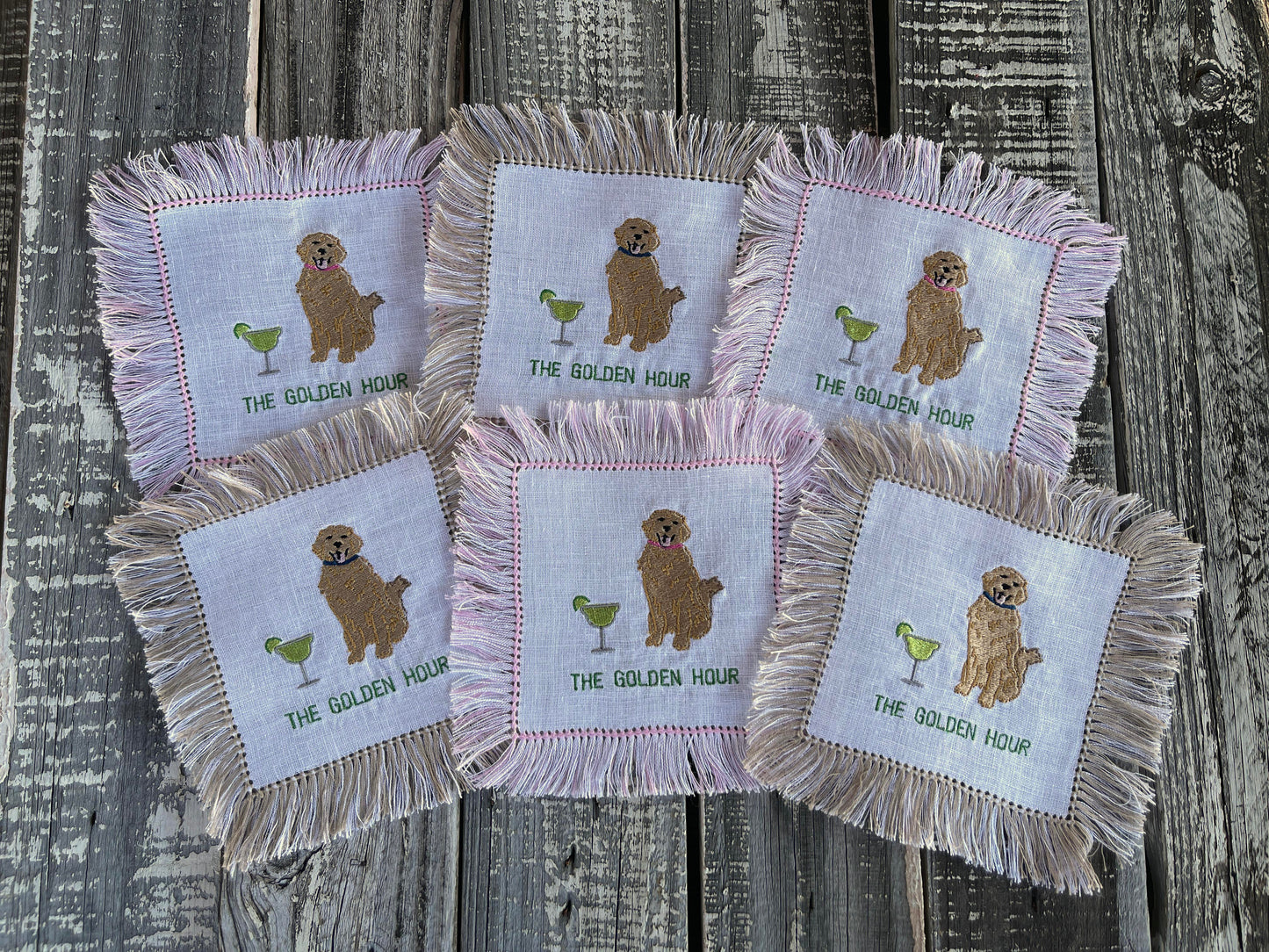 Custom Embroidered, Personalized, "The Golden Hour" Fringe Linen Cocktail Napkin Set of 4