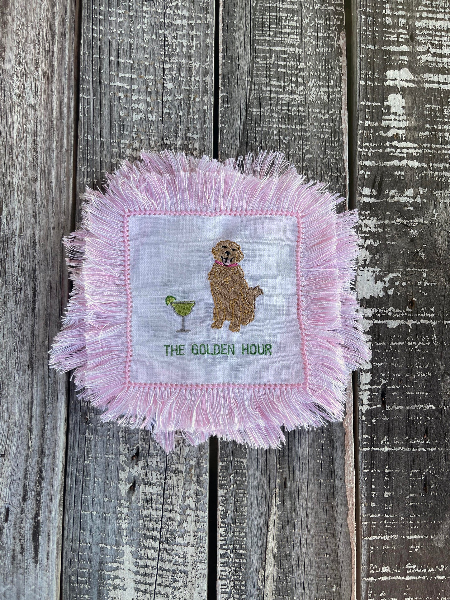 Custom Embroidered, Personalized, "The Golden Hour" Fringe Linen Cocktail Napkin Set of 4