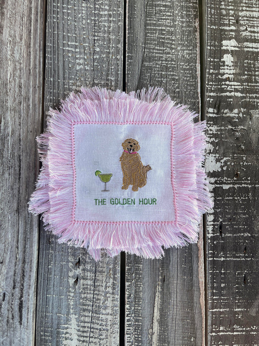 Custom Embroidered, Personalized, "The Golden Hour" Fringe Linen Cocktail Napkin Set of 4