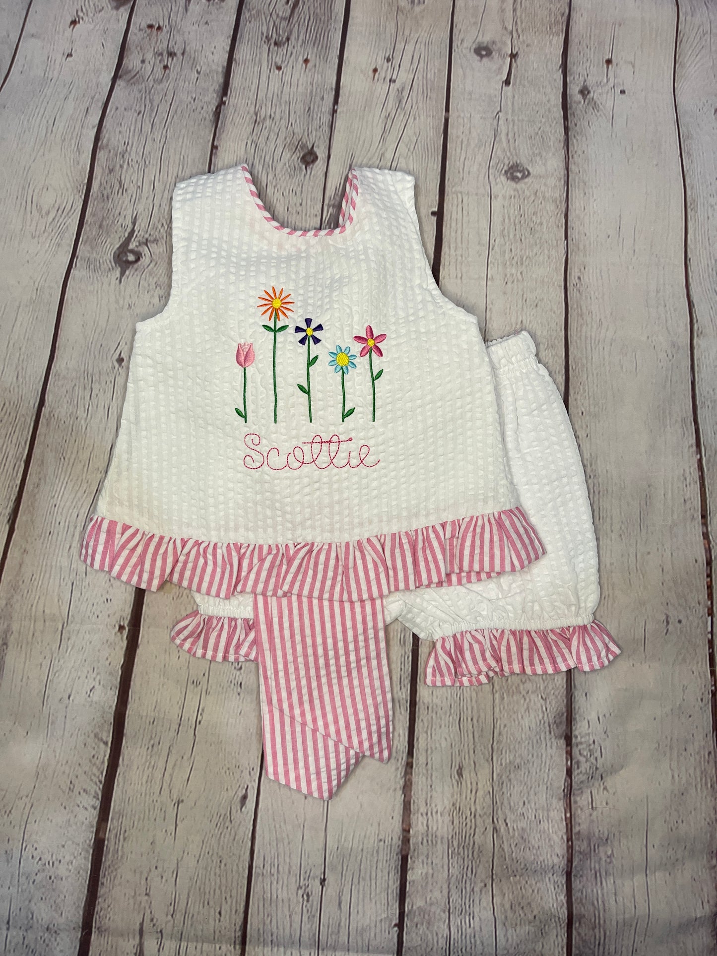 Custom Embroidered, Personalized, Monogrammed Wildflower Ruffle Seersucker Swing Set