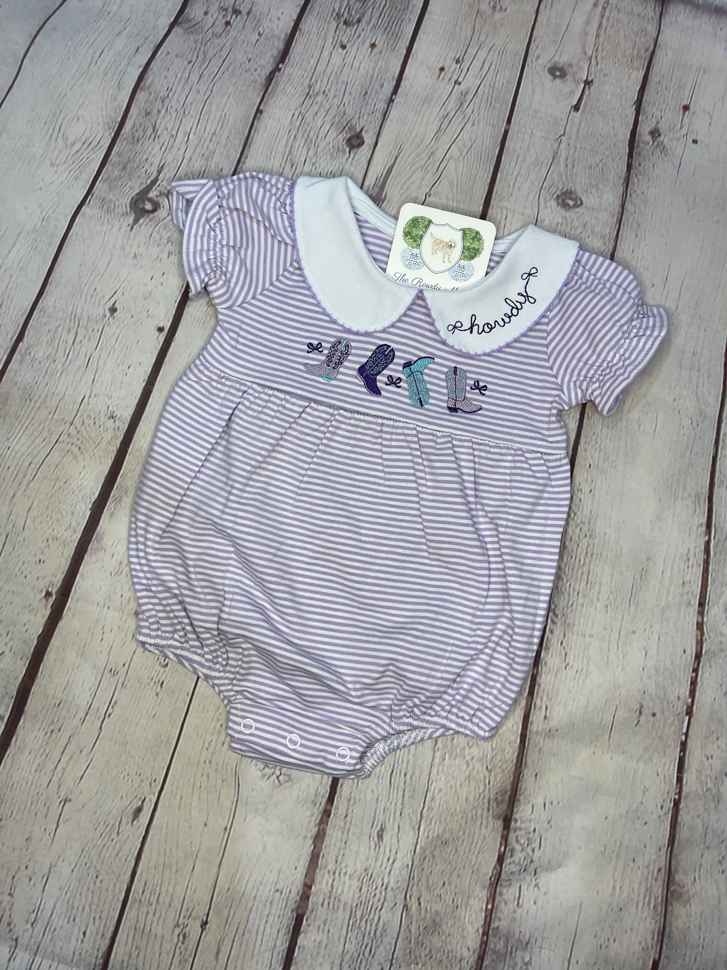 Custom Embroidered, Personalized, Monogrammed Cowboy Boots Ruffle Knit Striped Peter Pan Collar Bubble or Dress