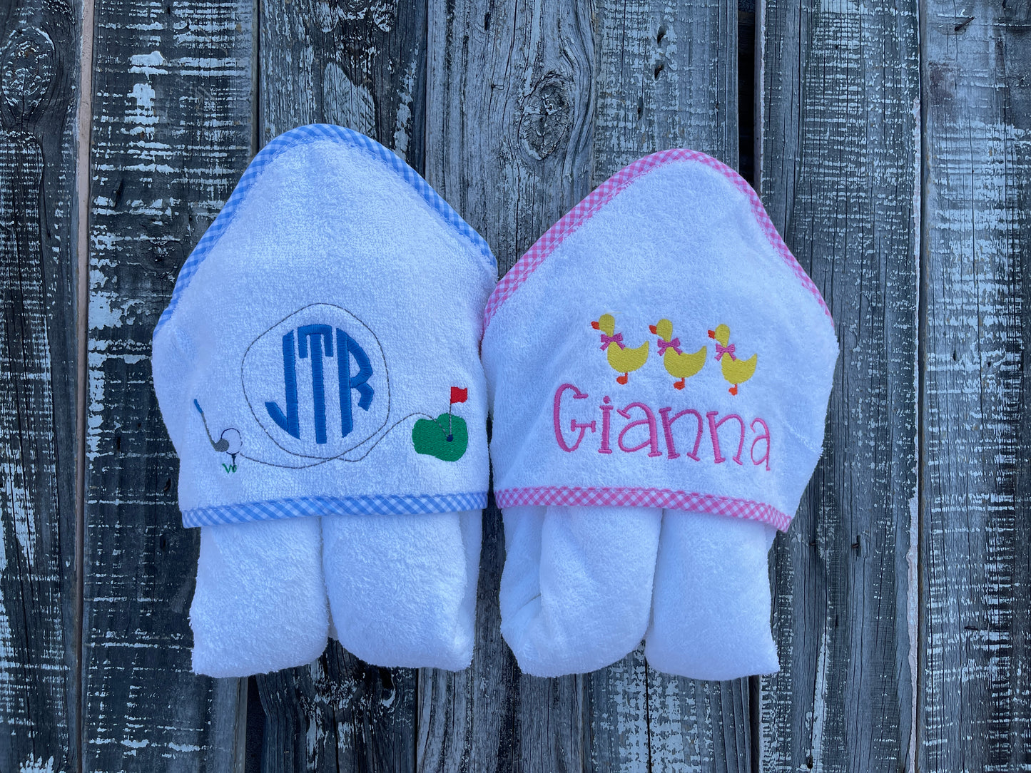 Custom Embroidered, Personalized, Monogrammed Blue or Pink Gingham Trim Hooded Towel