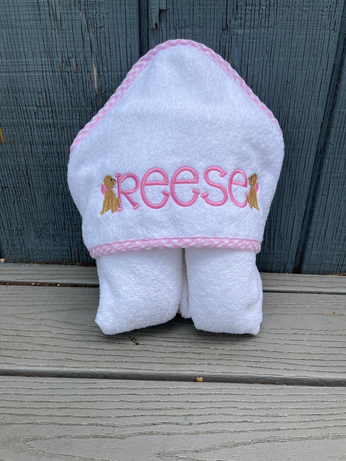 Custom Embroidered, Personalized, Monogrammed Blue or Pink Gingham Trim Hooded Towel
