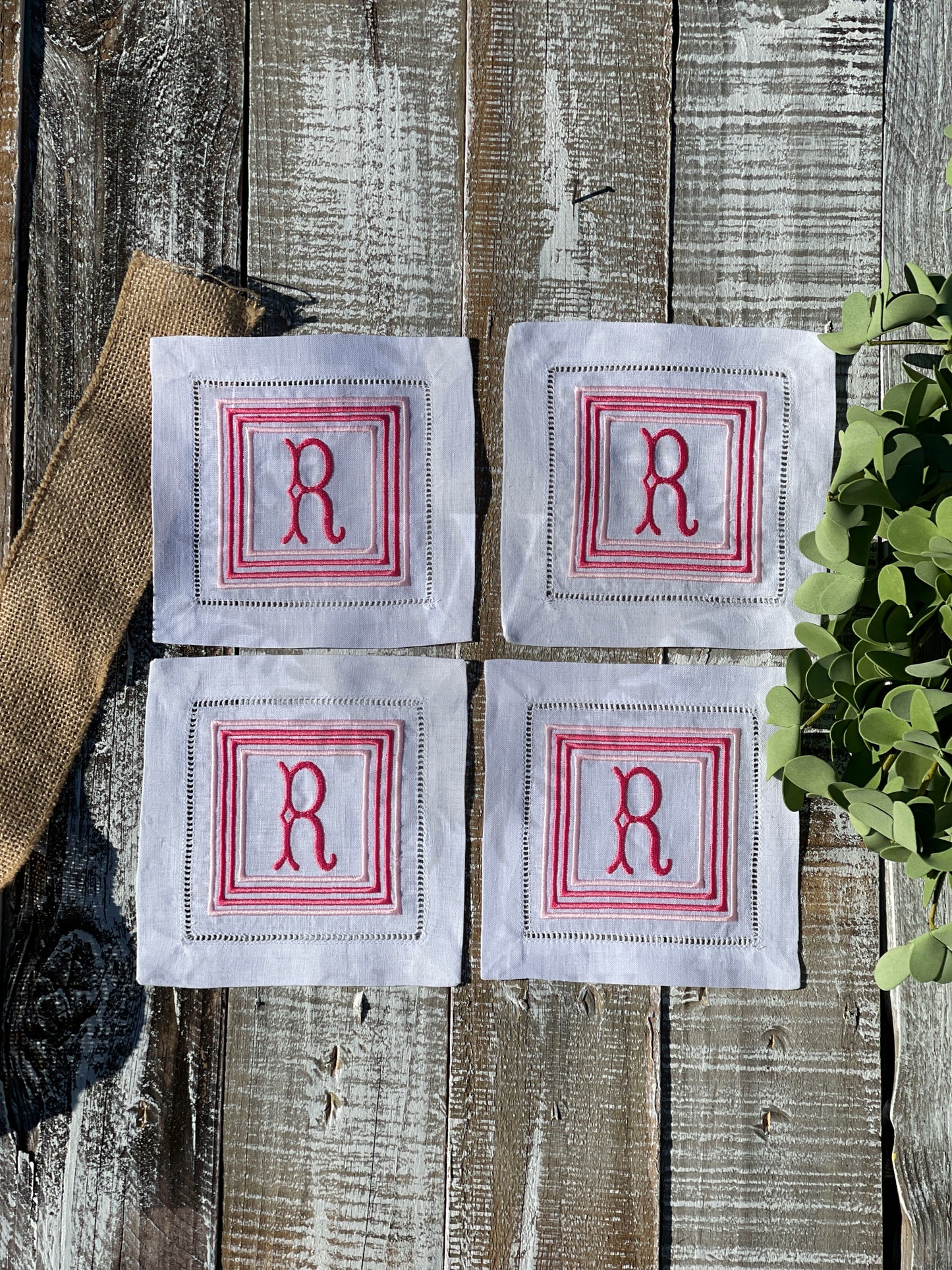 Custom Embroidered, Personalized, Monogrammed Linen Hemstitch Cocktail Napkins Set of 4