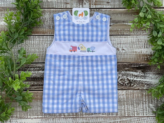 Custom Embroidered, Monogrammed, Personalized Blue Gingham Faux Smocked Jon Jon