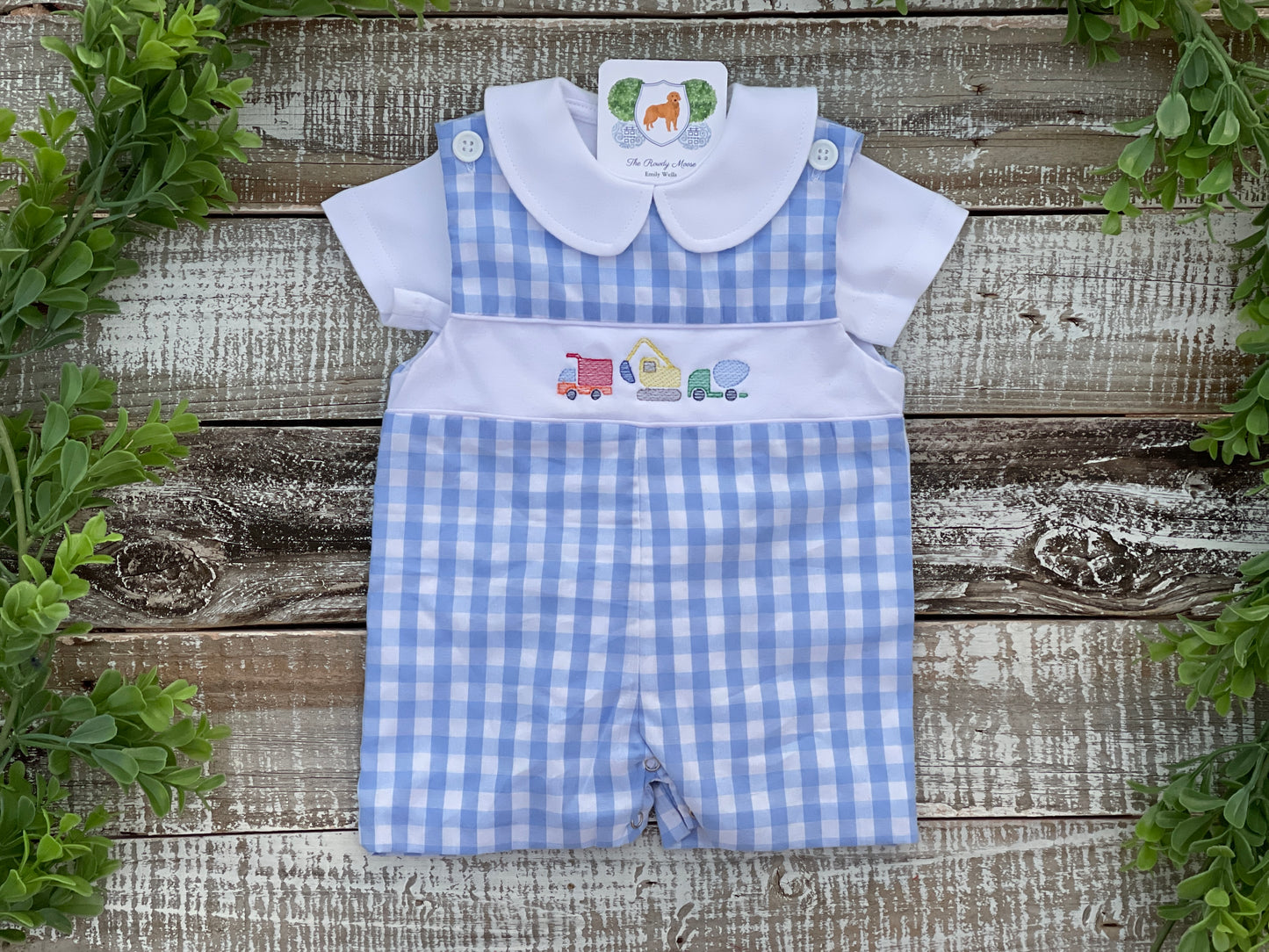 Custom Embroidered, Monogrammed, Personalized Blue Gingham Faux Smocked Jon Jon