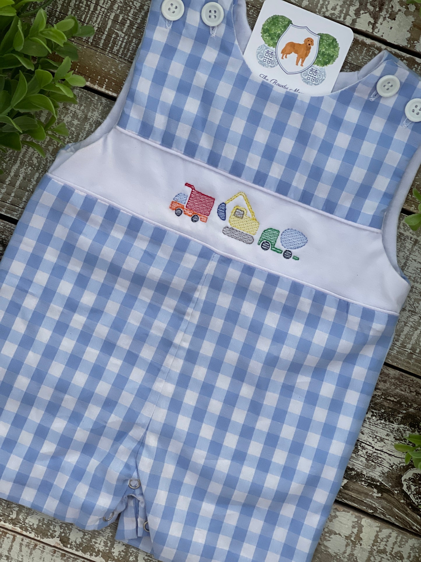 Custom Embroidered, Monogrammed, Personalized Blue Gingham Faux Smocked Jon Jon